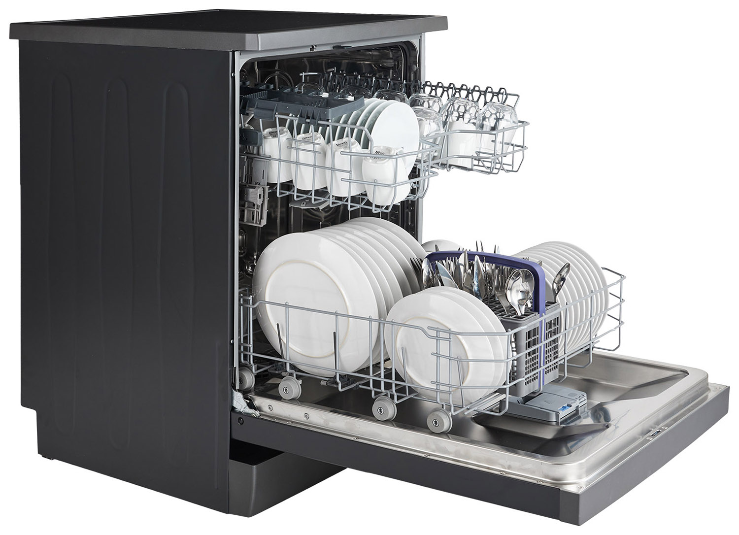 A dishwasher with the door open.  Inside are dishes, glasses, and silverware.