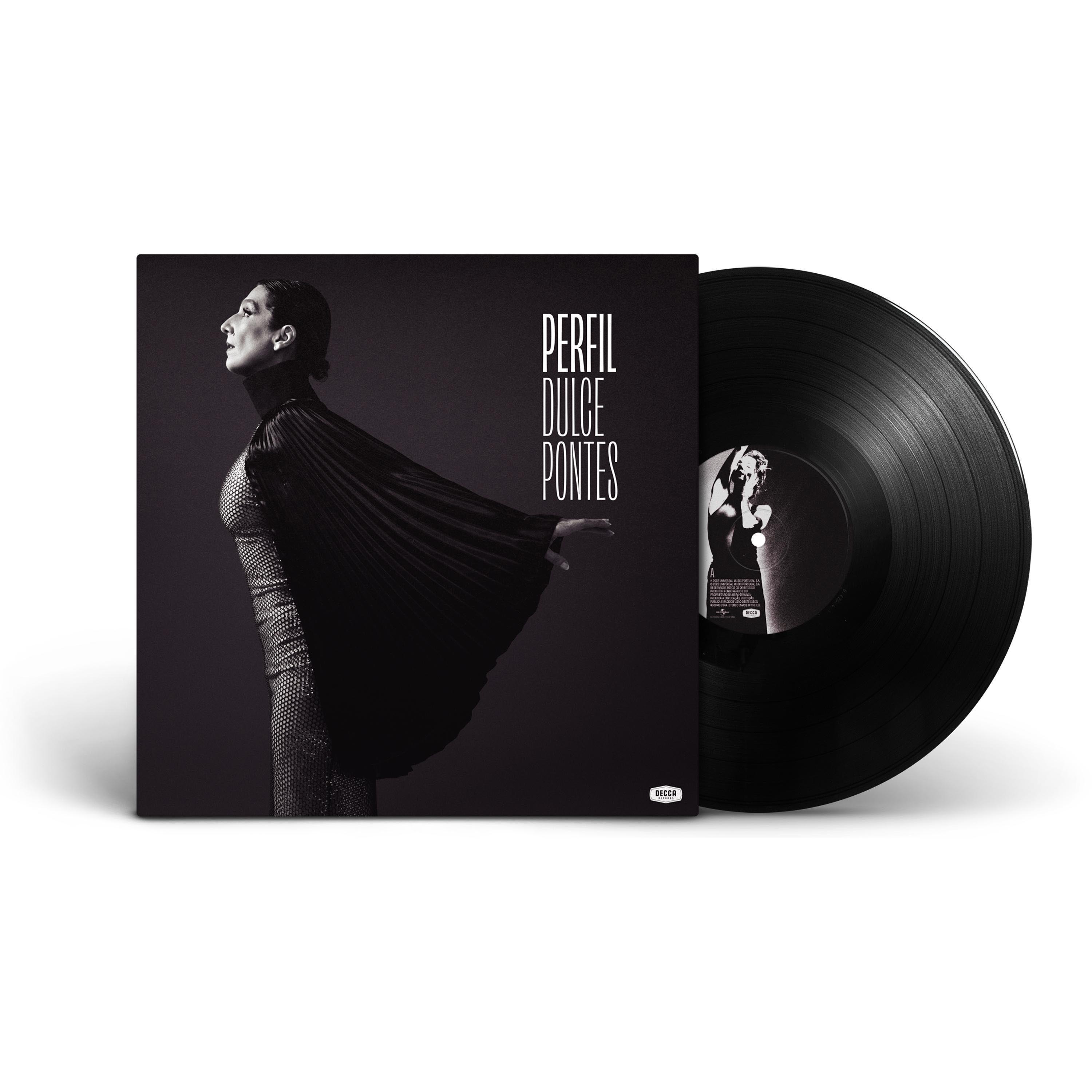 Albumcover. Eine Frau im Profil mit einer Schallplatte rechts. Text: Perfil, Dulce Pontes.