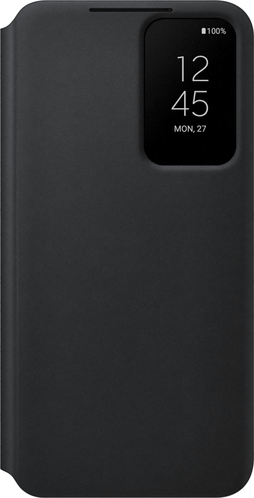 Coque de téléphone noire avec un écran affichant l'heure et la date. L'écran est noir.