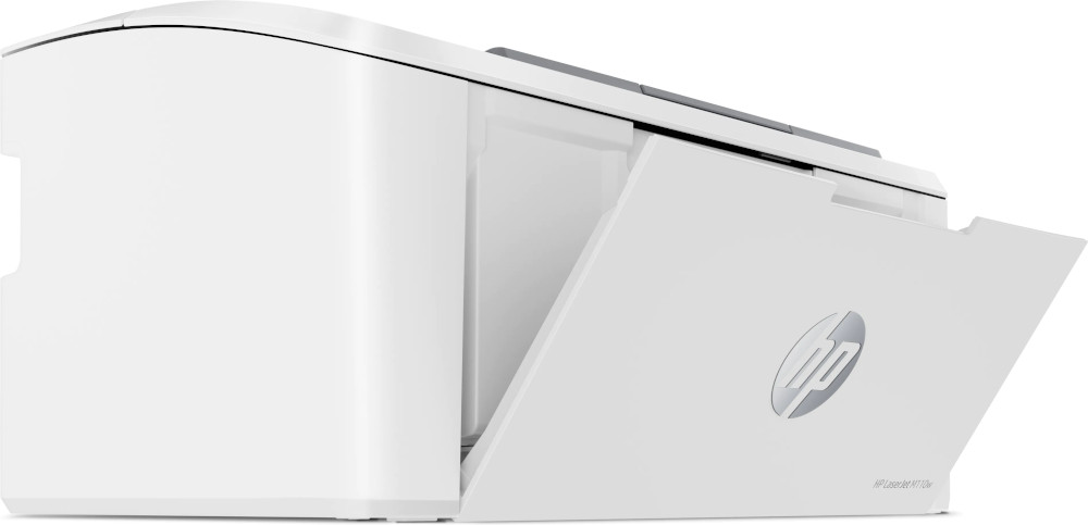 A white HP laser printer with a door open, revealing the paper tray. The HP logo is visible on the front.