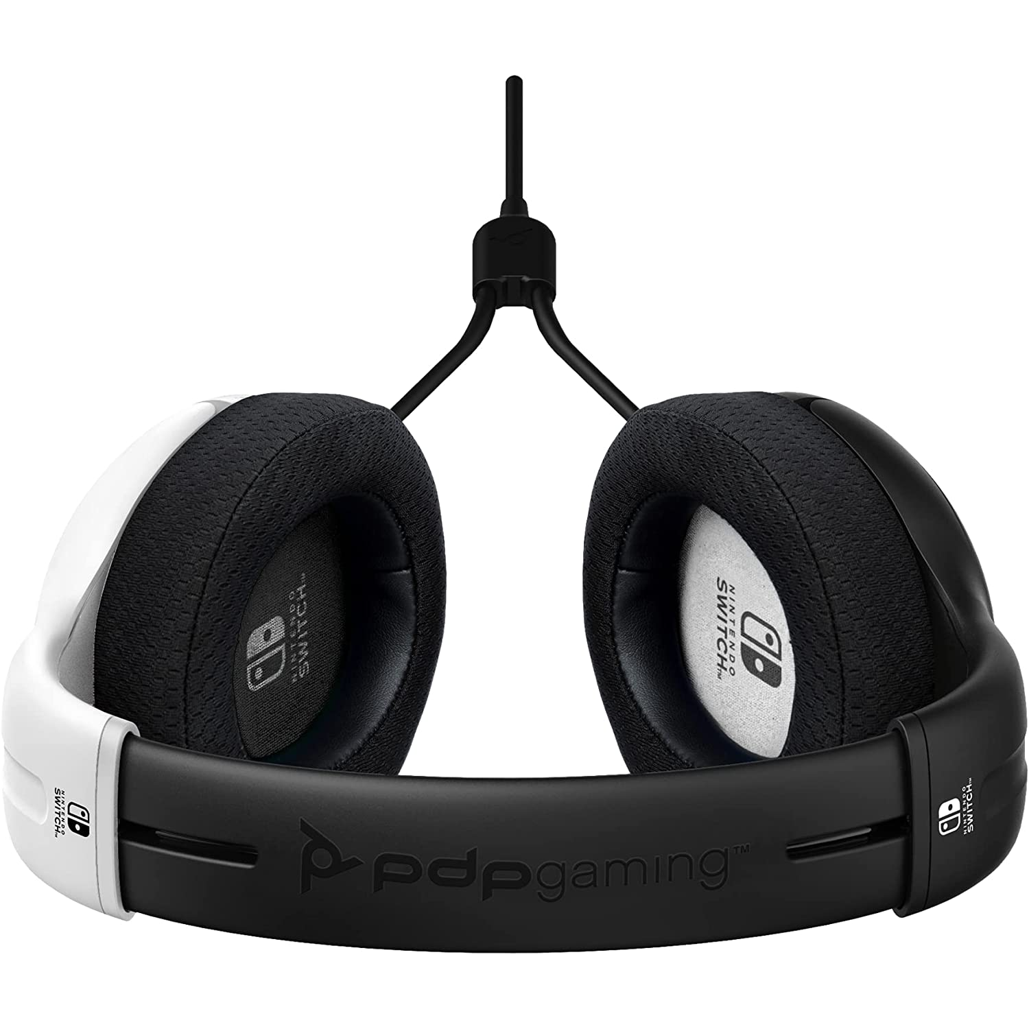 Auriculares para juegos Nintendo Switch blancos y negros con logotipo y detalles de la marca.