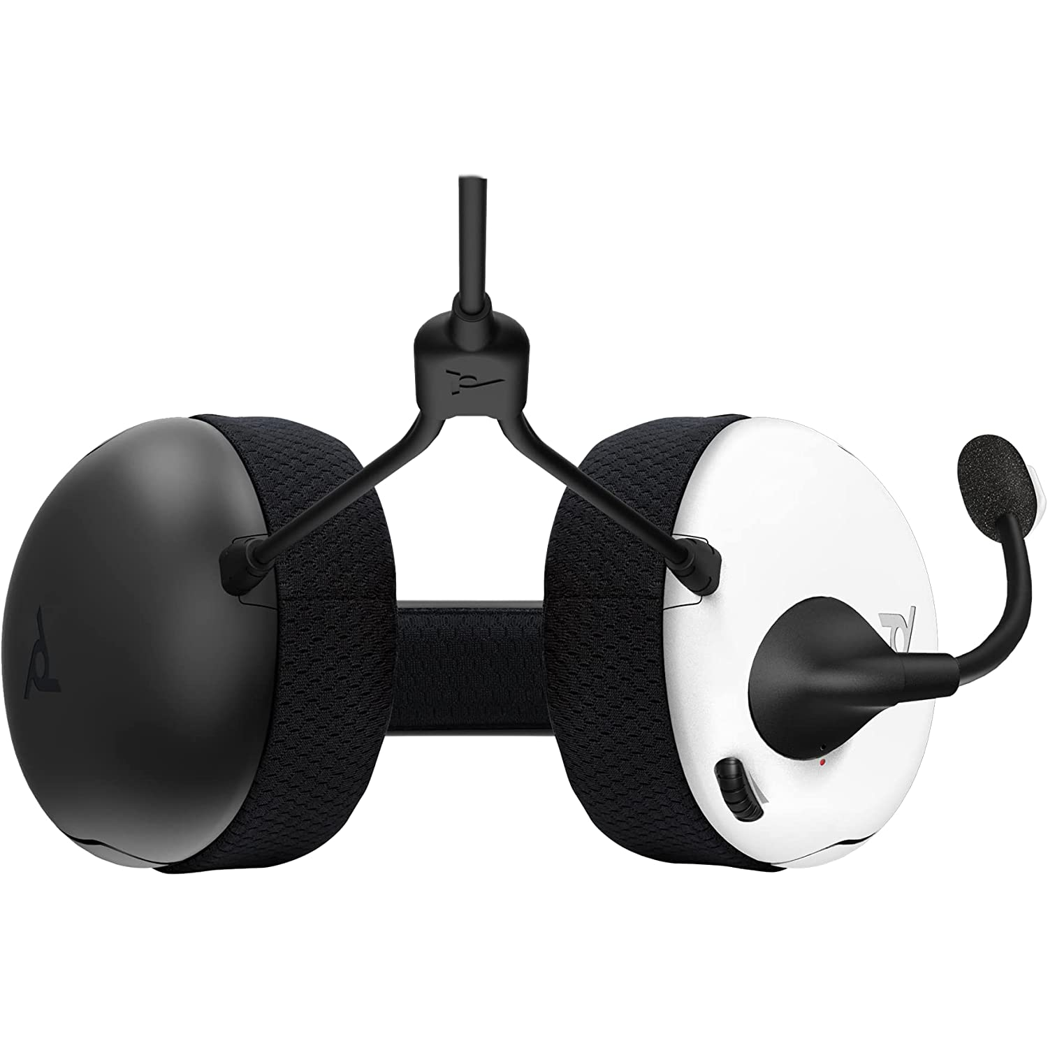 Auriculares: copas negras, copa derecha blanca y un micrófono adjunto.