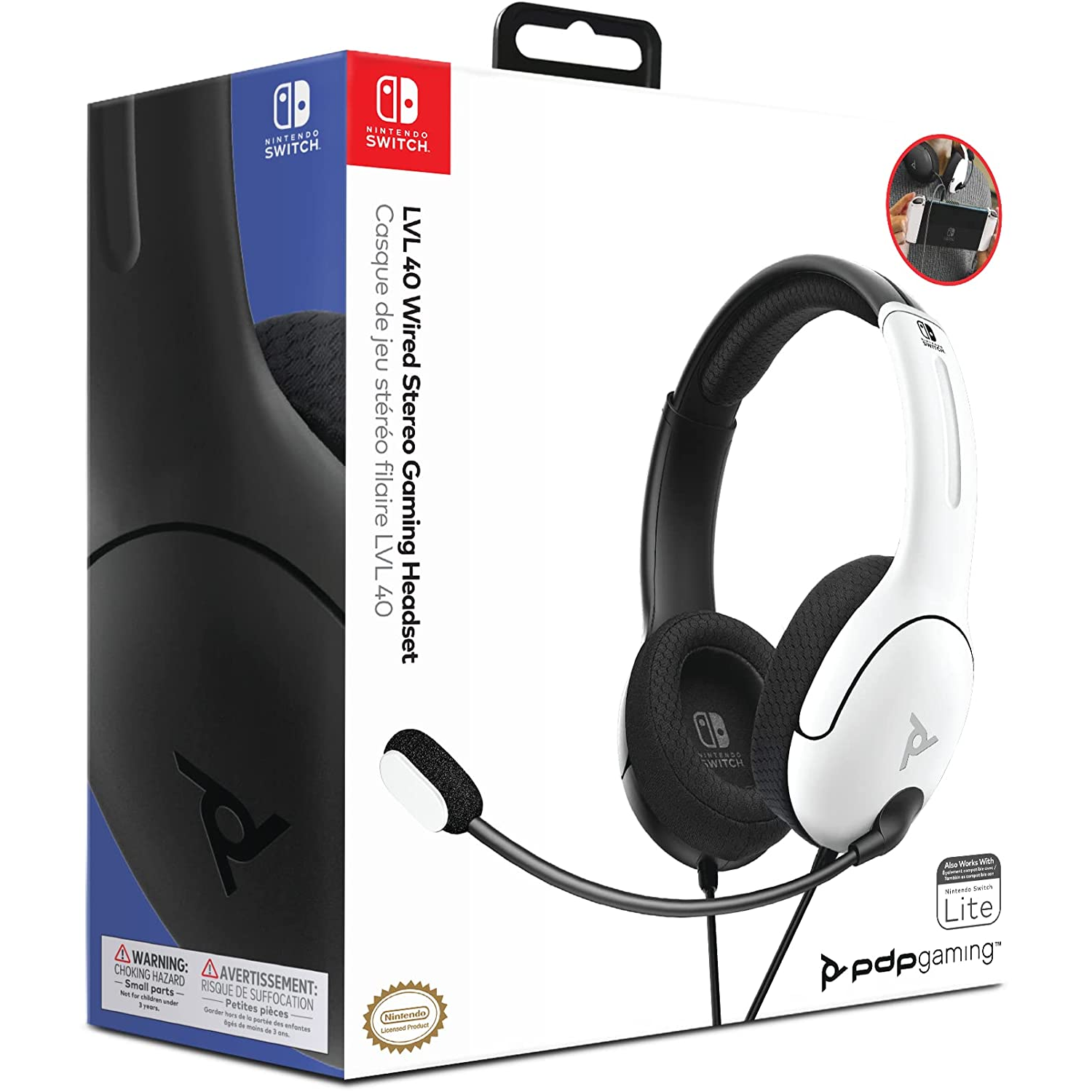 Auriculares en caja. Auriculares gaming blancos y negros con micrófono. Logotipo de Nintendo Switch en la caja.