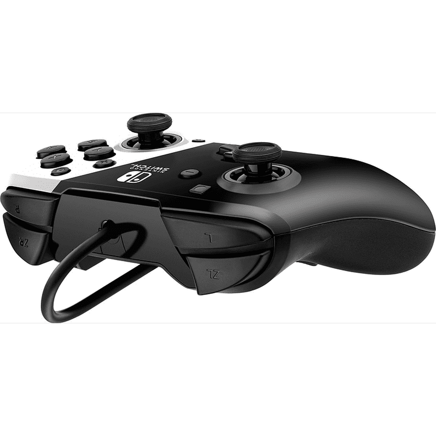 Un controlador Nintendo Switch en blanco y negro con botones y joysticks.