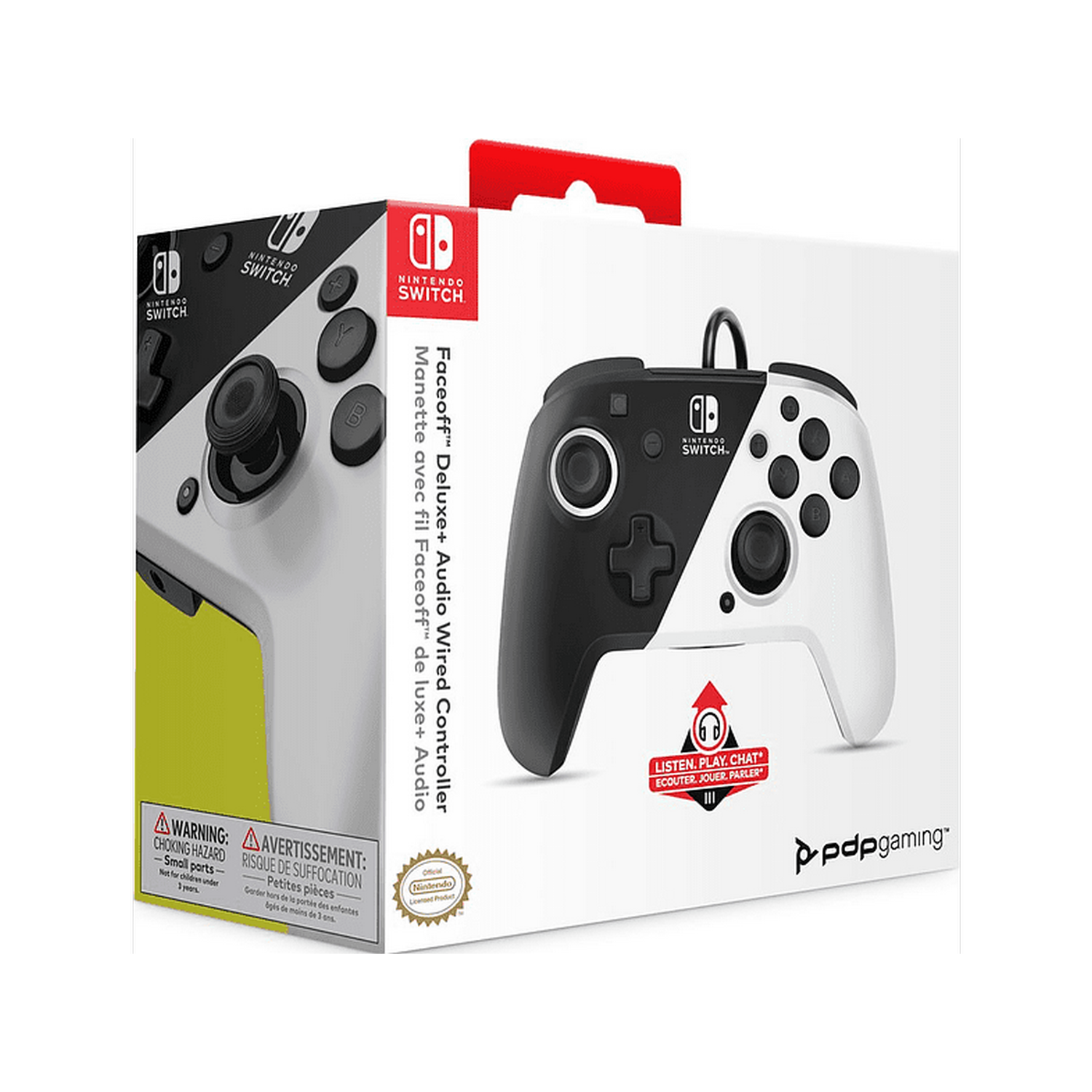 Un mando de Nintendo Switch en una caja, con un diseño blanco y negro.