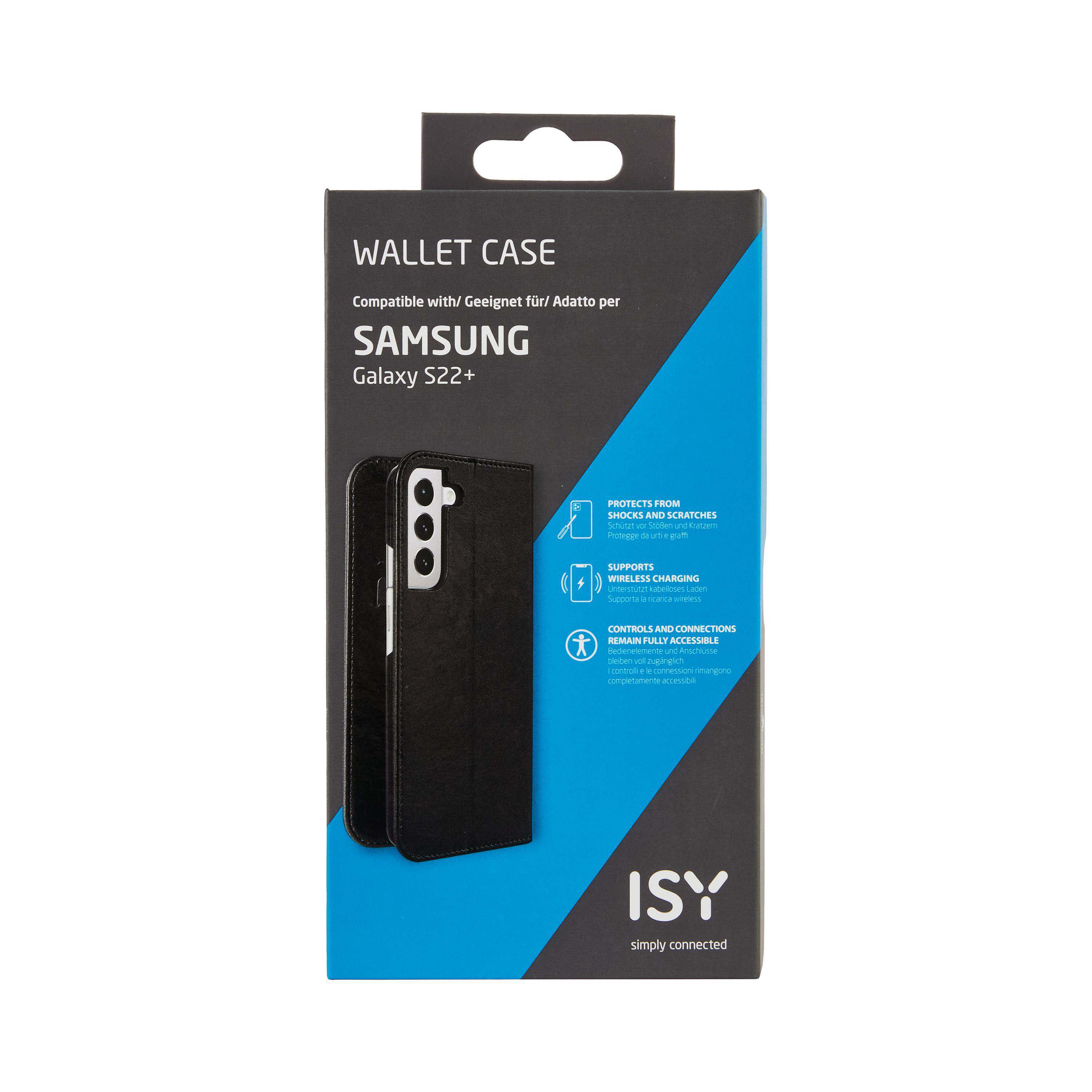 Schwarzes Wallet-Case für Samsung Galaxy S22+ auf weißem Hintergrund, Produktaufnahme.