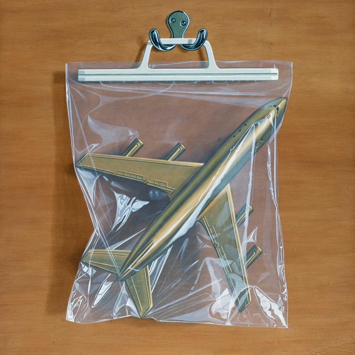 Modèle d'avion doré dans un sac plastique, fixé sur une surface en bois.