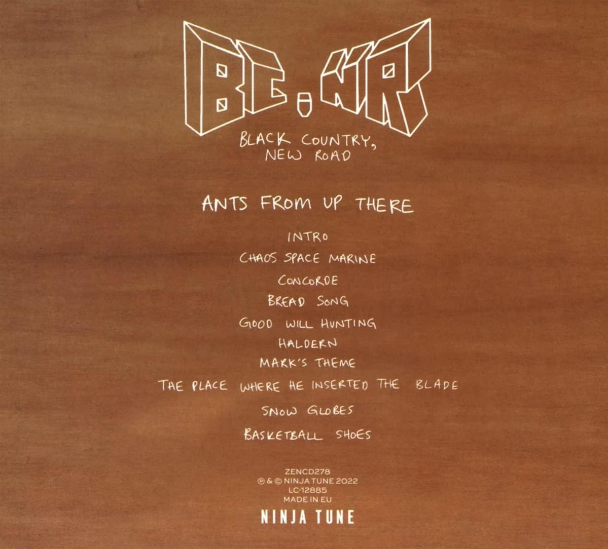 Pochette d'album de Black Country, New Road - Ants From Up There, avec liste des titres sur fond de bois.