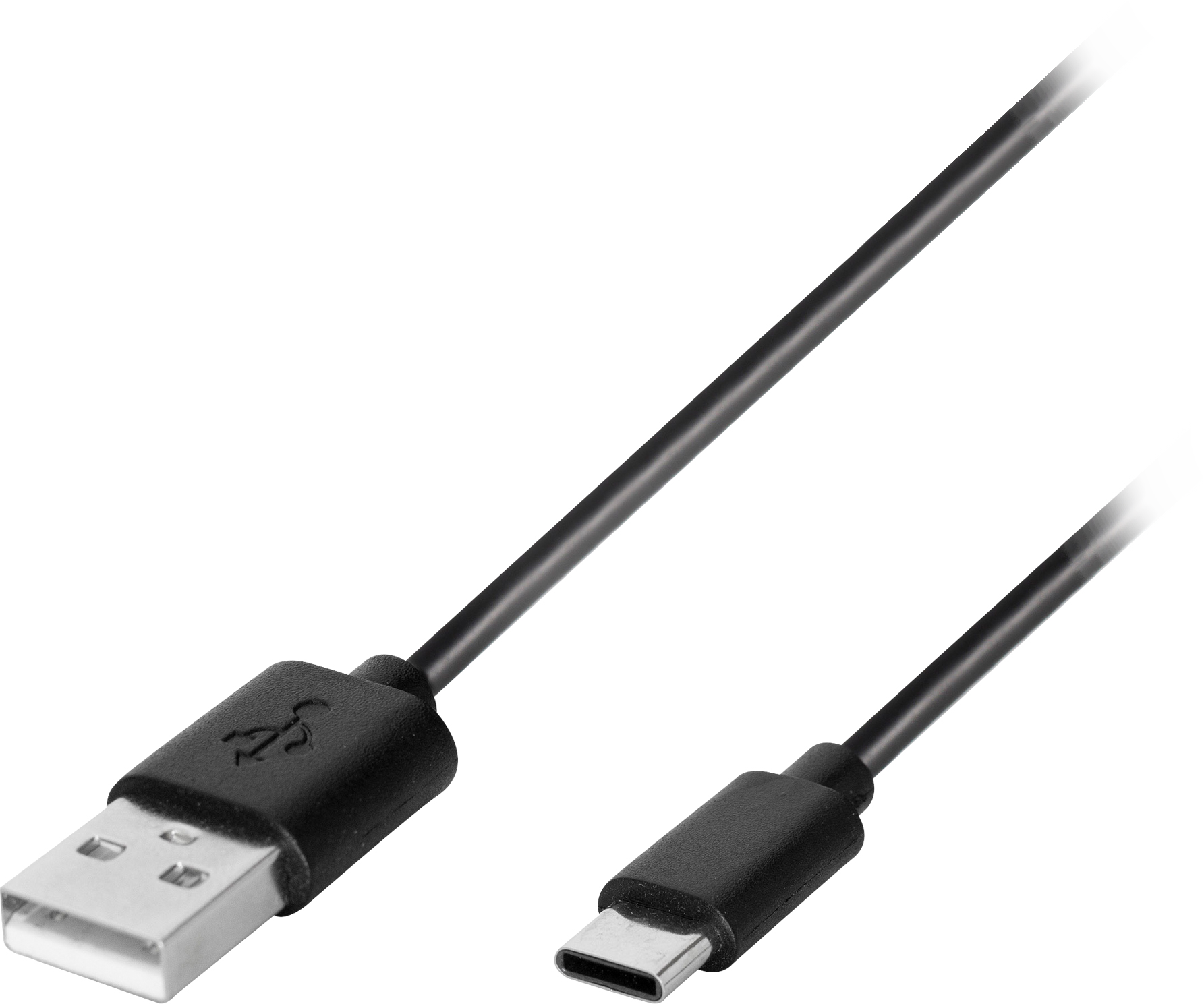 Egy USB-A-USB-C kábel, fekete, csatlakozókkal mindkét végén, fehér háttérrel.