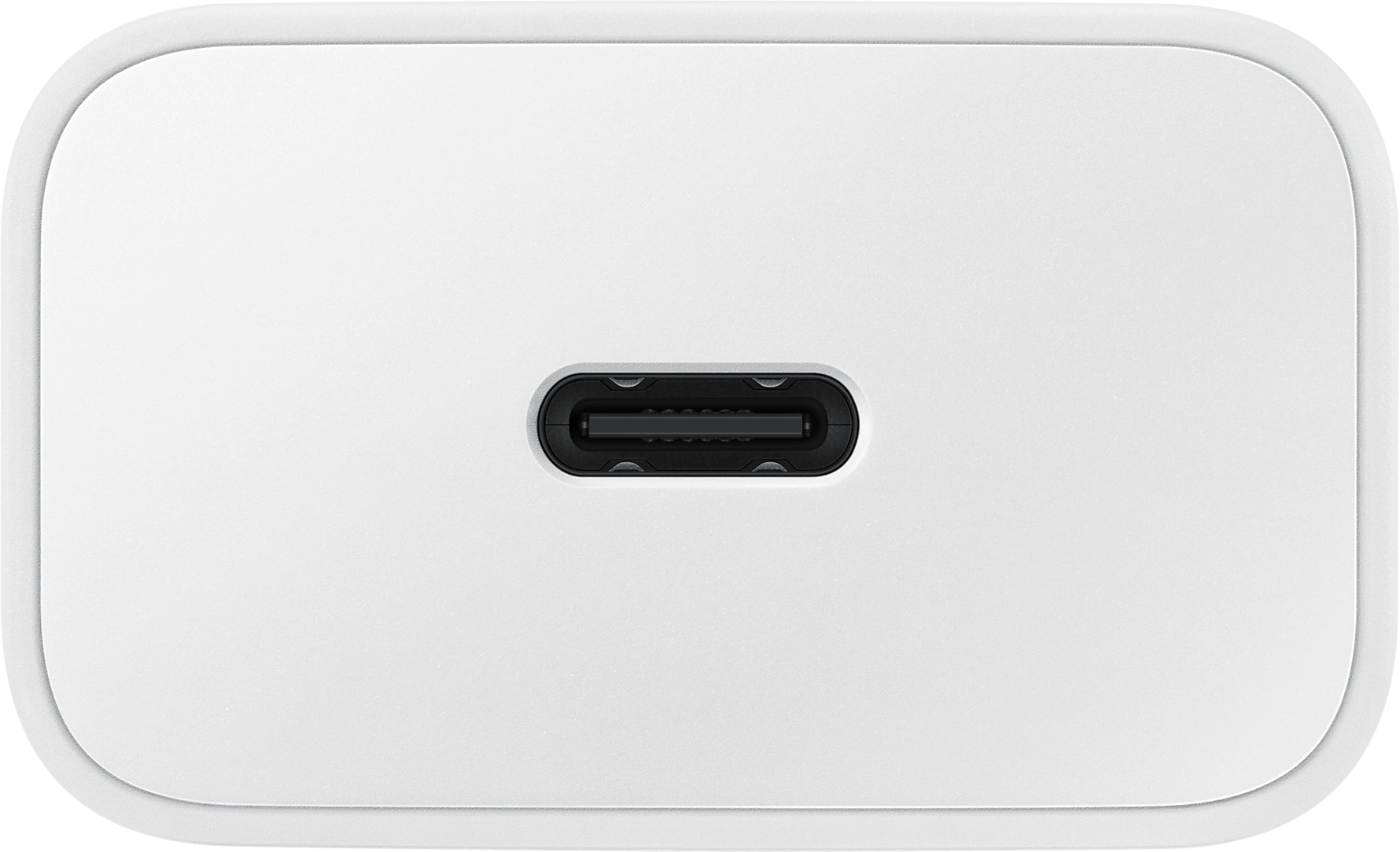Fehér USB-C töltőcsatlakozó fekete belső résszel. Lekerekített élek és sima fehér felület.
