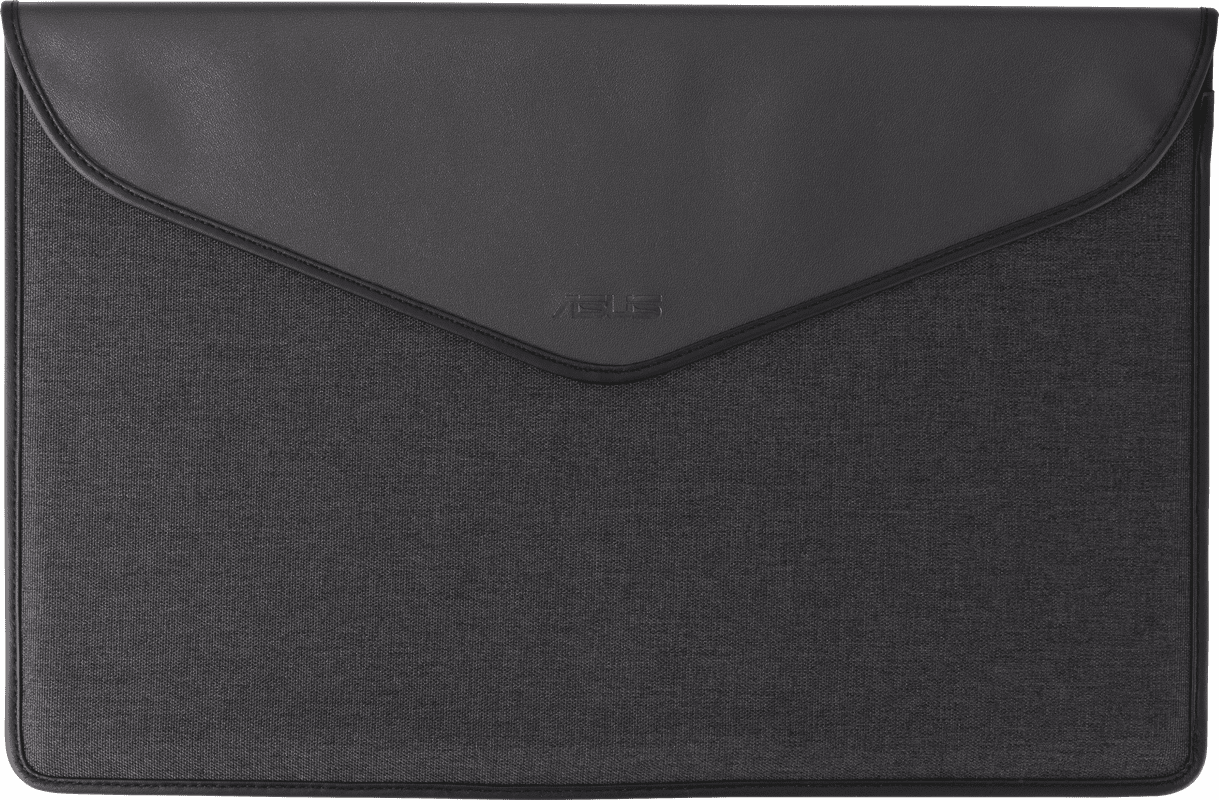 Une housse d'ordinateur portable gris foncé avec rabat en cuir noir, logo ASUS.
