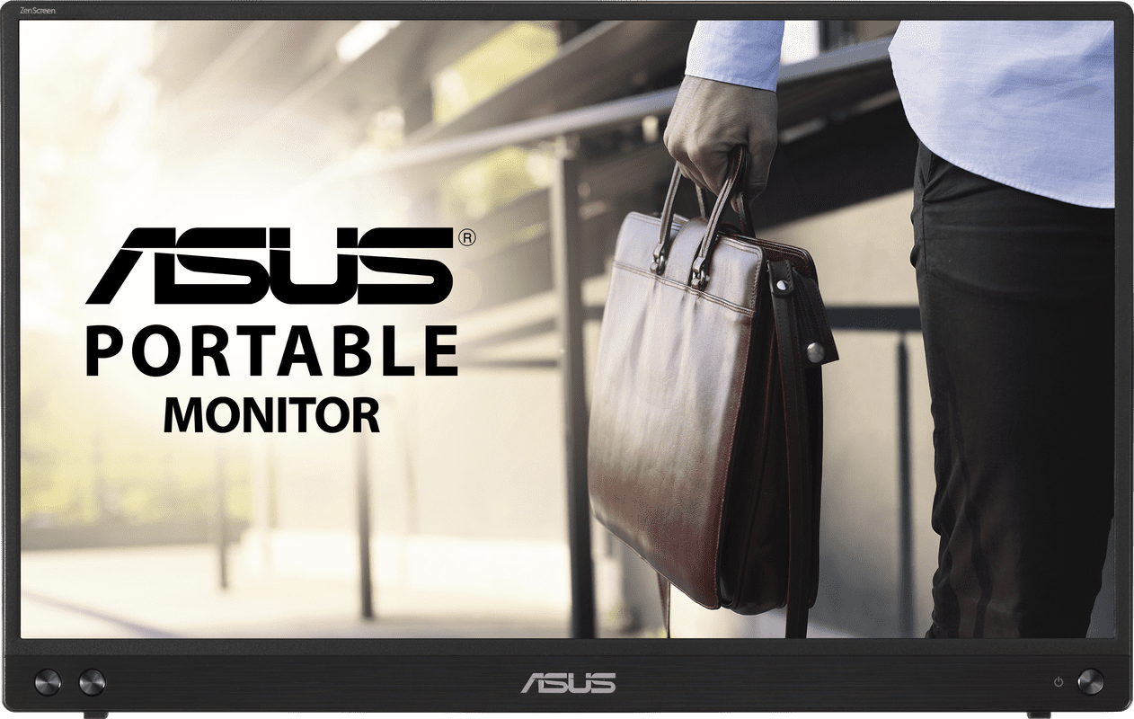 Un moniteur portable ASUS avec du texte et une personne tenant une mallette devant un bureau.