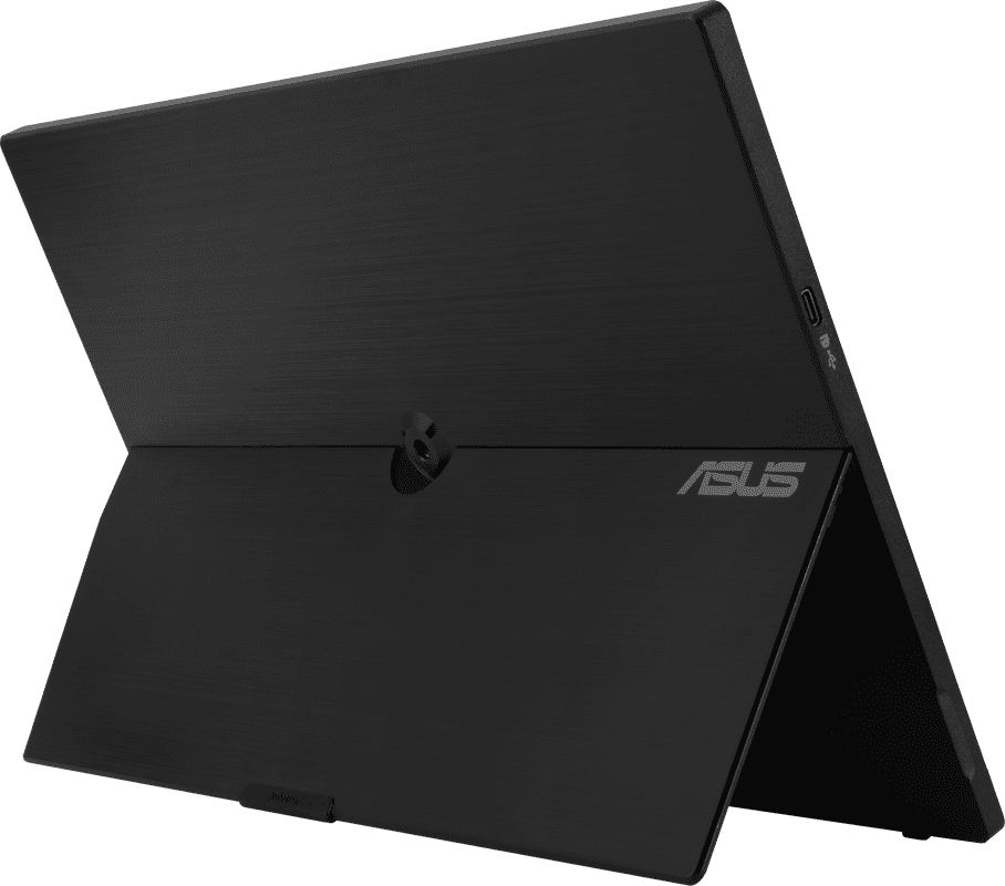 Tablette noire, dépliée, avec le logo ASUS visible.