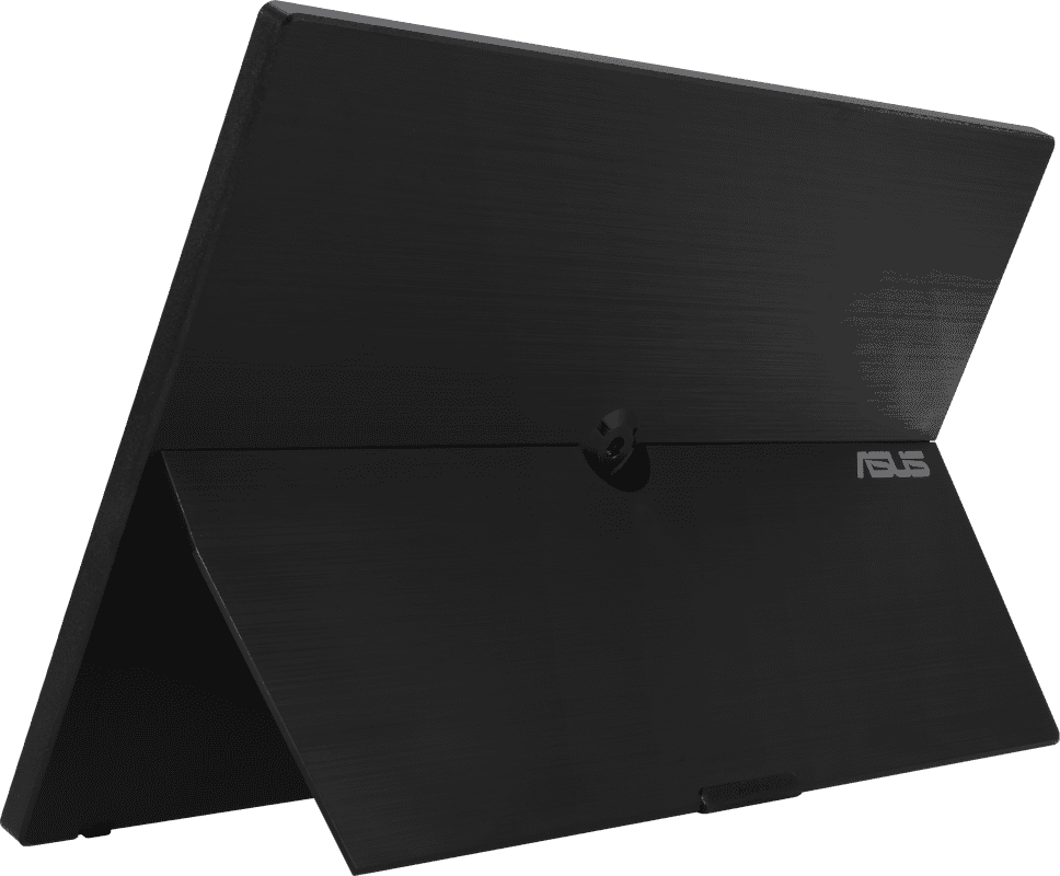 Tablette noire avec support. L'arrière est visible, avec le logo ASUS.