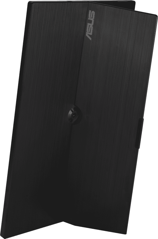 Ordinateur portable noir, fermé, avec le logo ASUS, vue latérale.