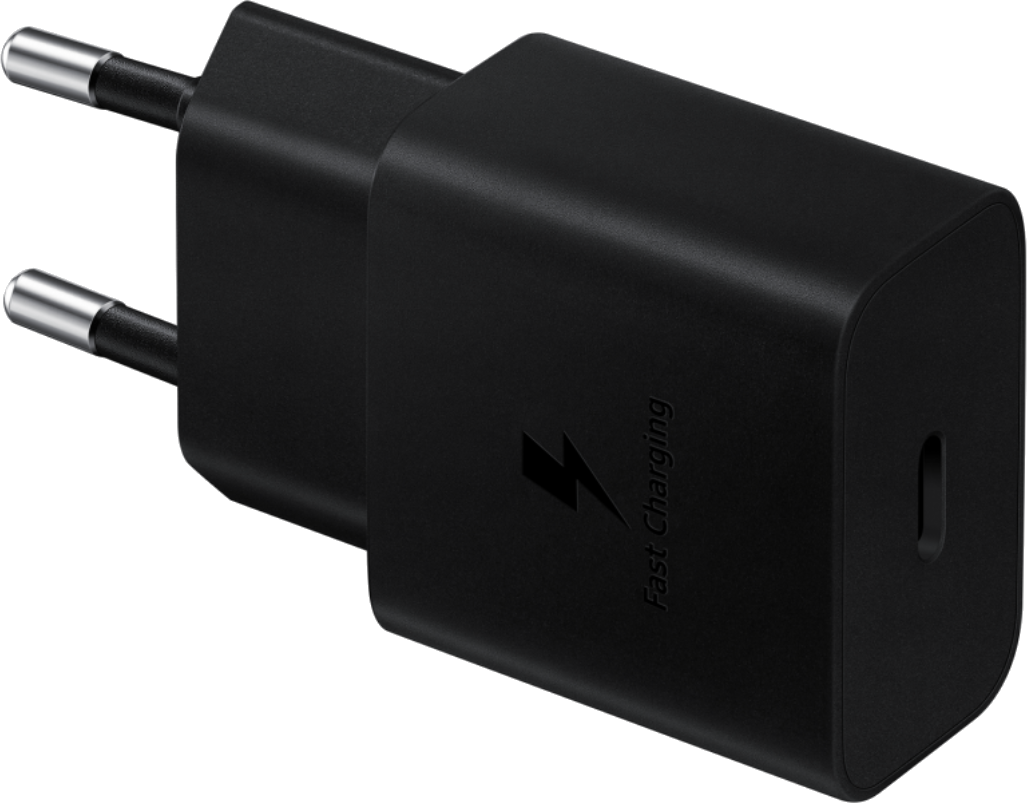 Egy fekete telefontöltő két fémtüskével és a 'Fast Charging' felirattal.