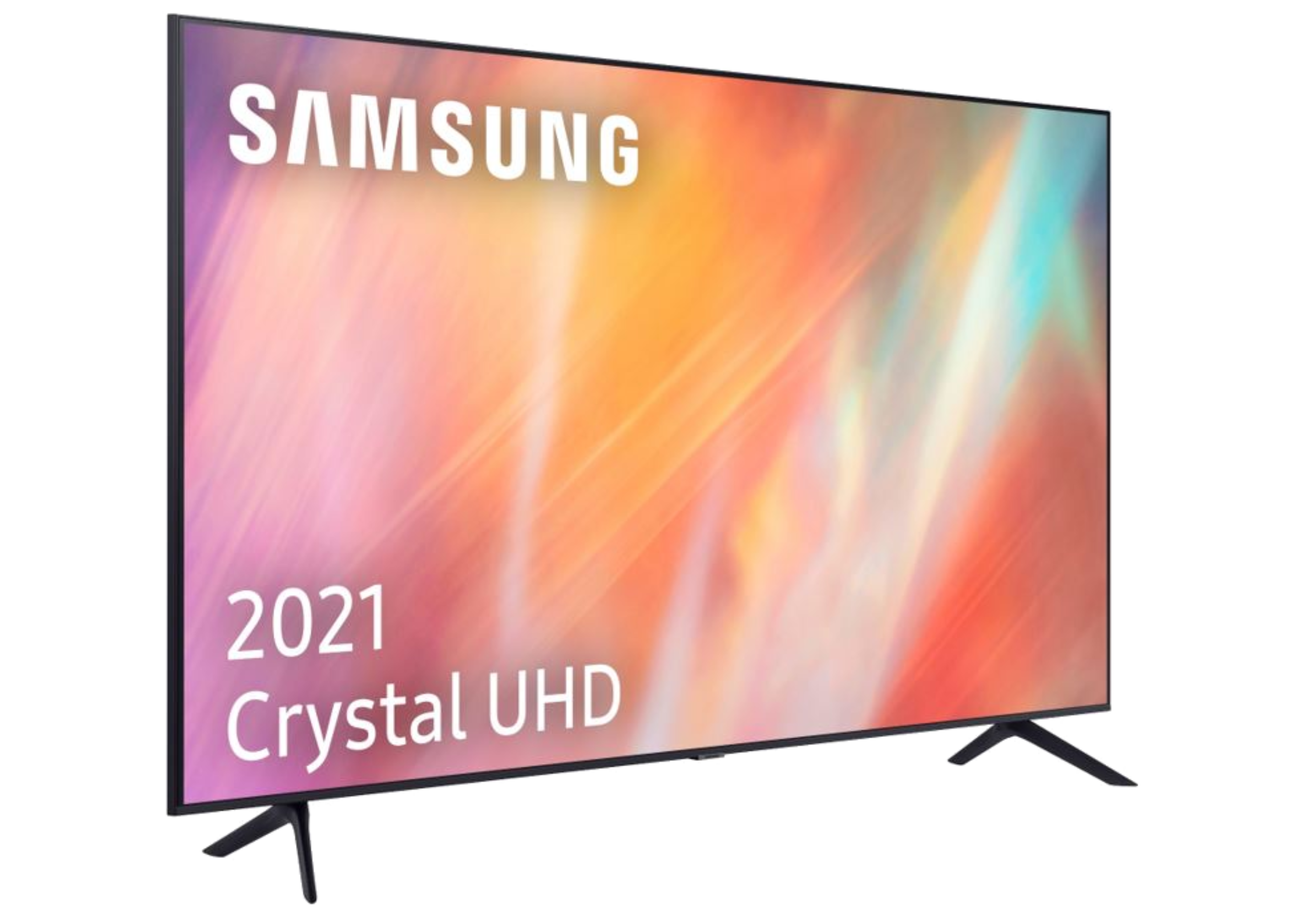 TV Samsung, vista en ángulo. Pantalla con imagen abstracta colorida, nombre de la marca y año.