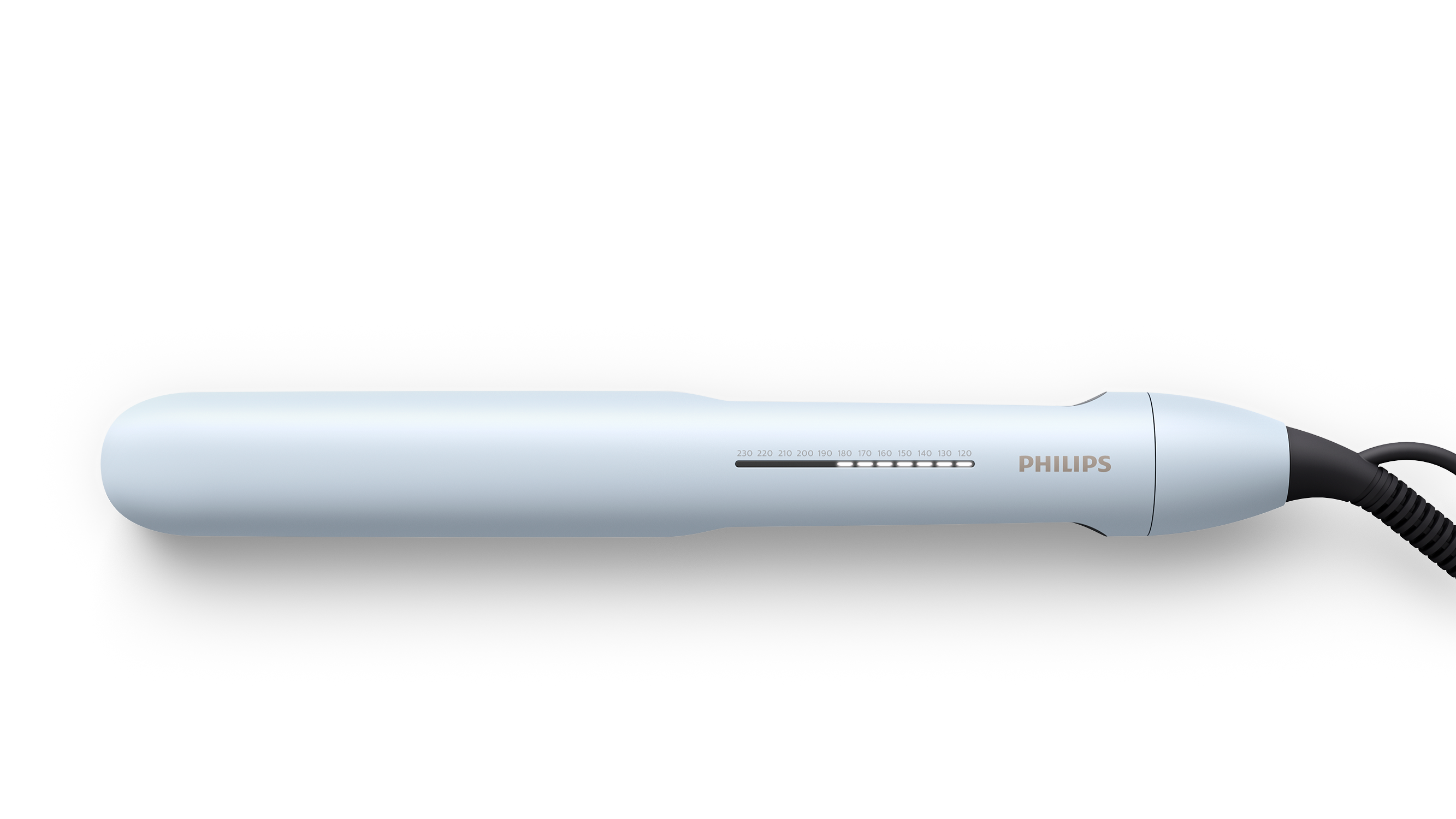 A blue and white hair straightener with a power cord. Black background.