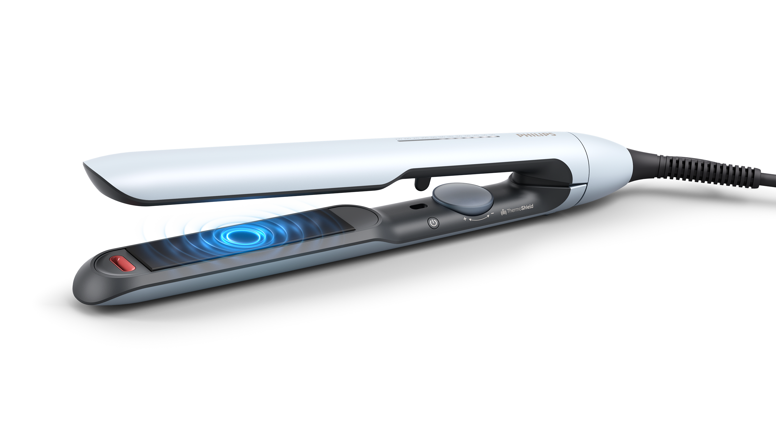 A white and gray Philips hair straightener. Blue light effect on the plates. A power cord is attached.