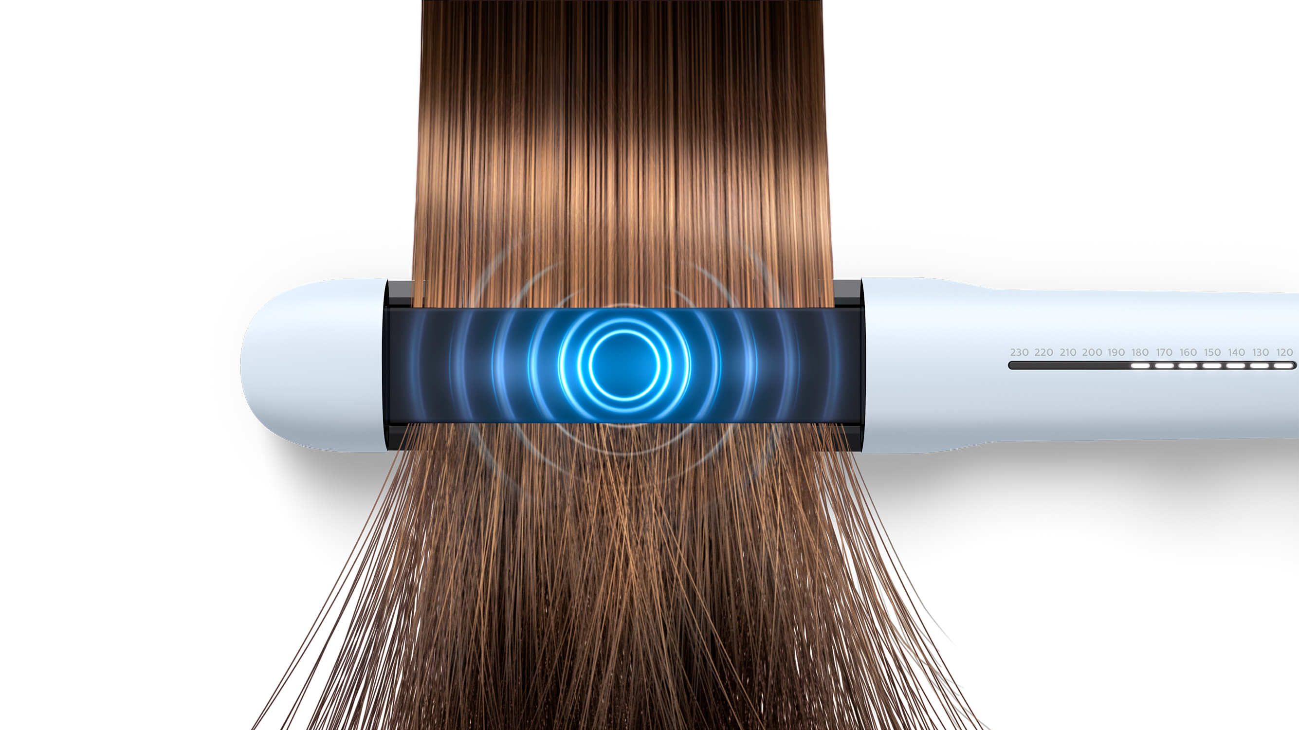 Hair being straightened with a white and blue hair straightener. Black background.