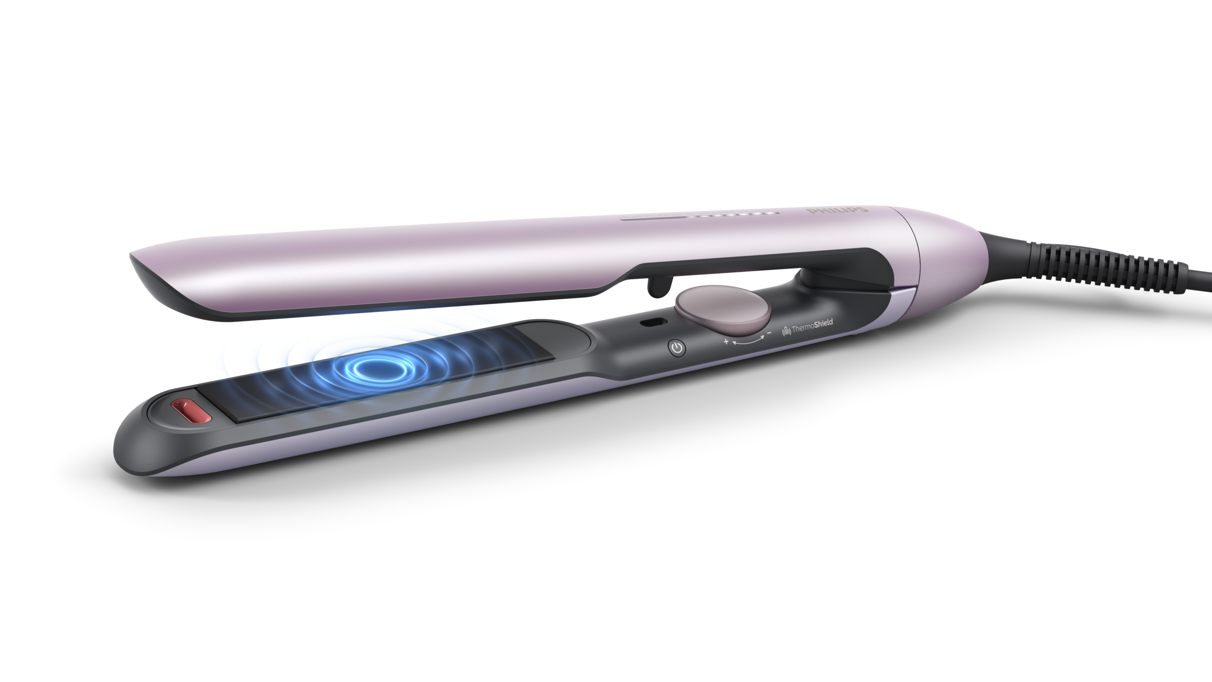 A flat iron lies open. It is purple, with a black handle. A blue light emanates from the plates.