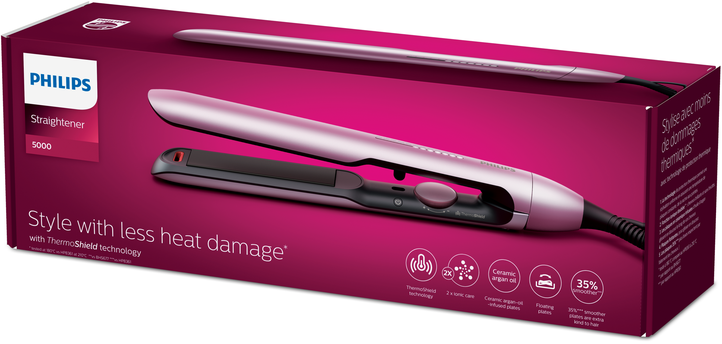 A pink hair straightener in a box with text and images. The box is also pink.