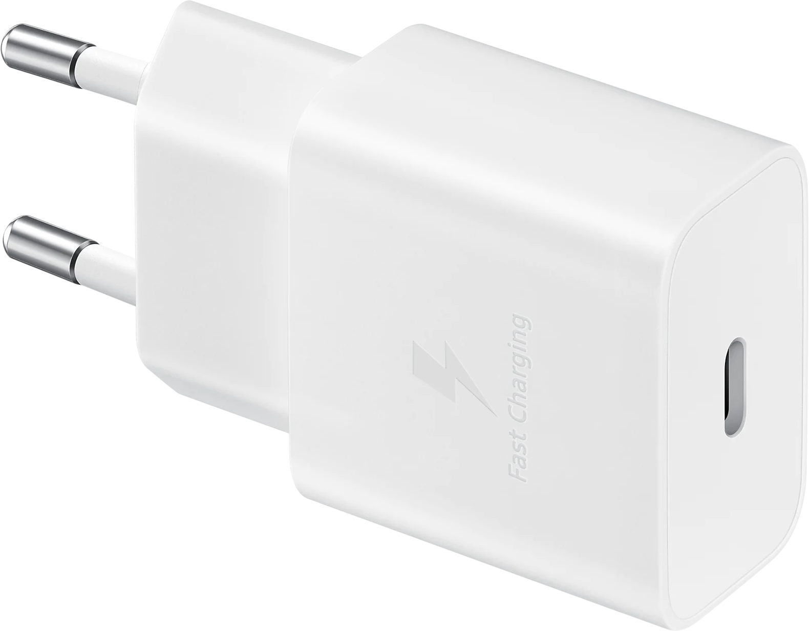 Fehér telefontöltő villám szimbólummal. Van rajta egy USB-C port és gyors töltés szöveg.