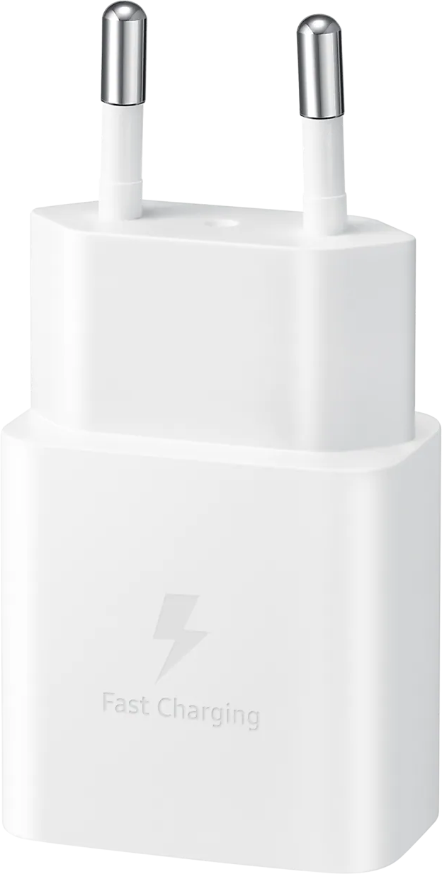 Fehér telefontöltő két csatlakozóval. A 'Fast Charging' felirat látható.