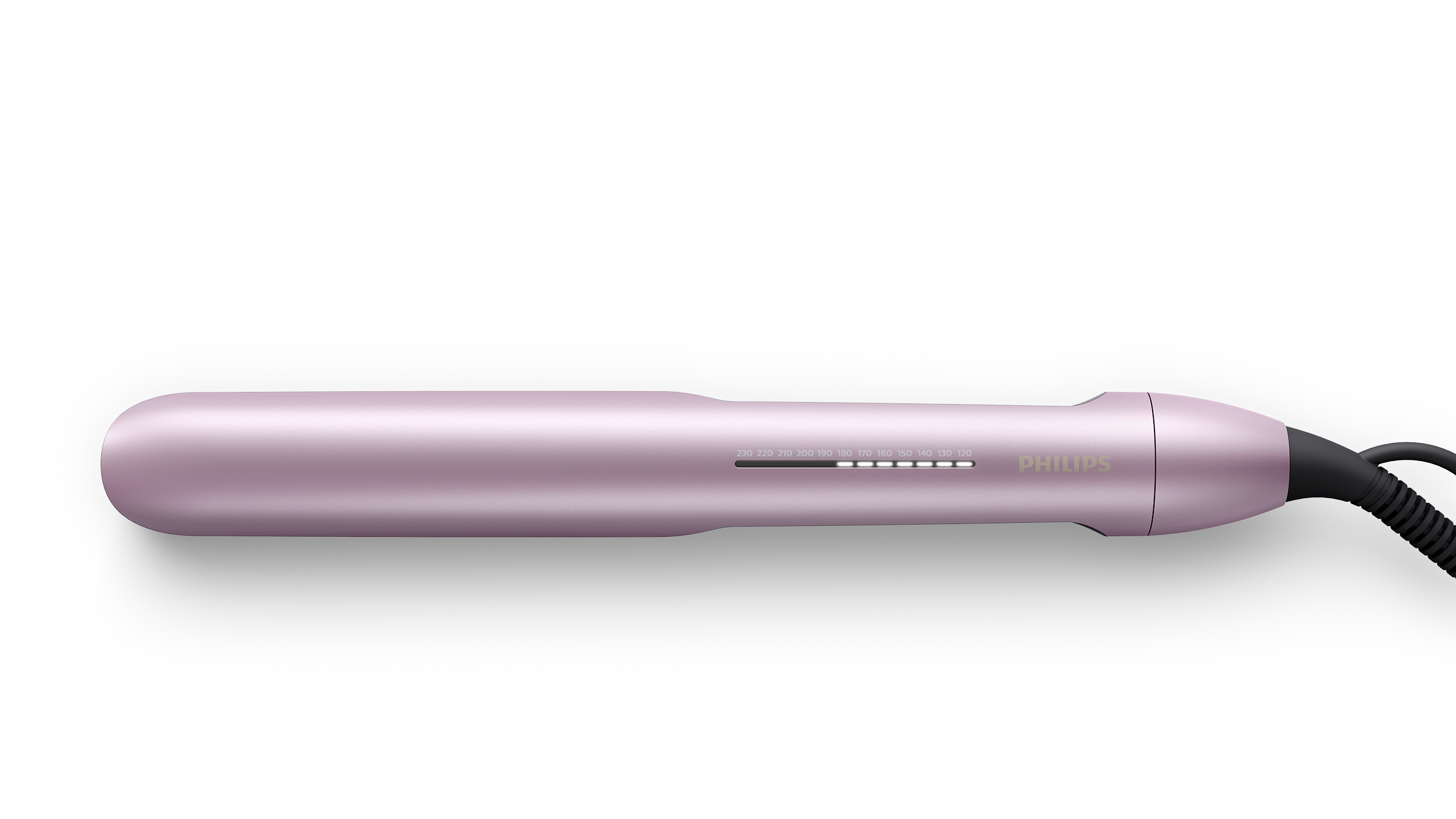 A pink hair straightener on a black background. The straightener has a dial with temperature markings.