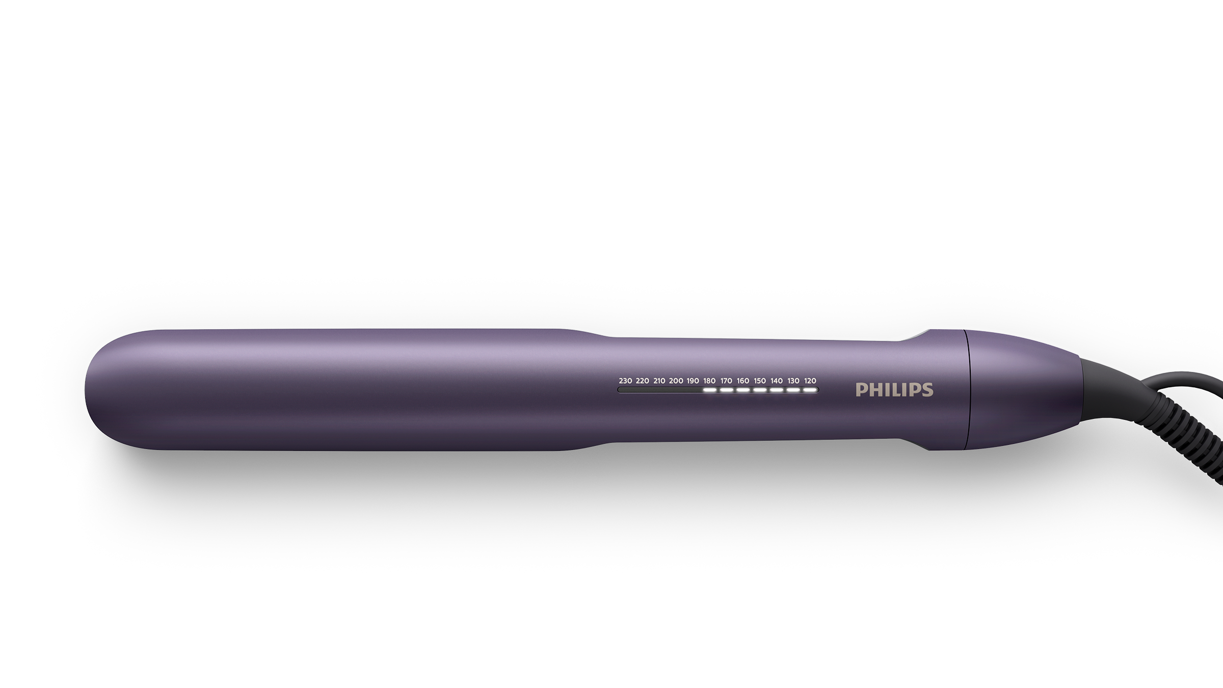 Purple hair straightener. The straightener has a Philips brand logo and temperature settings.