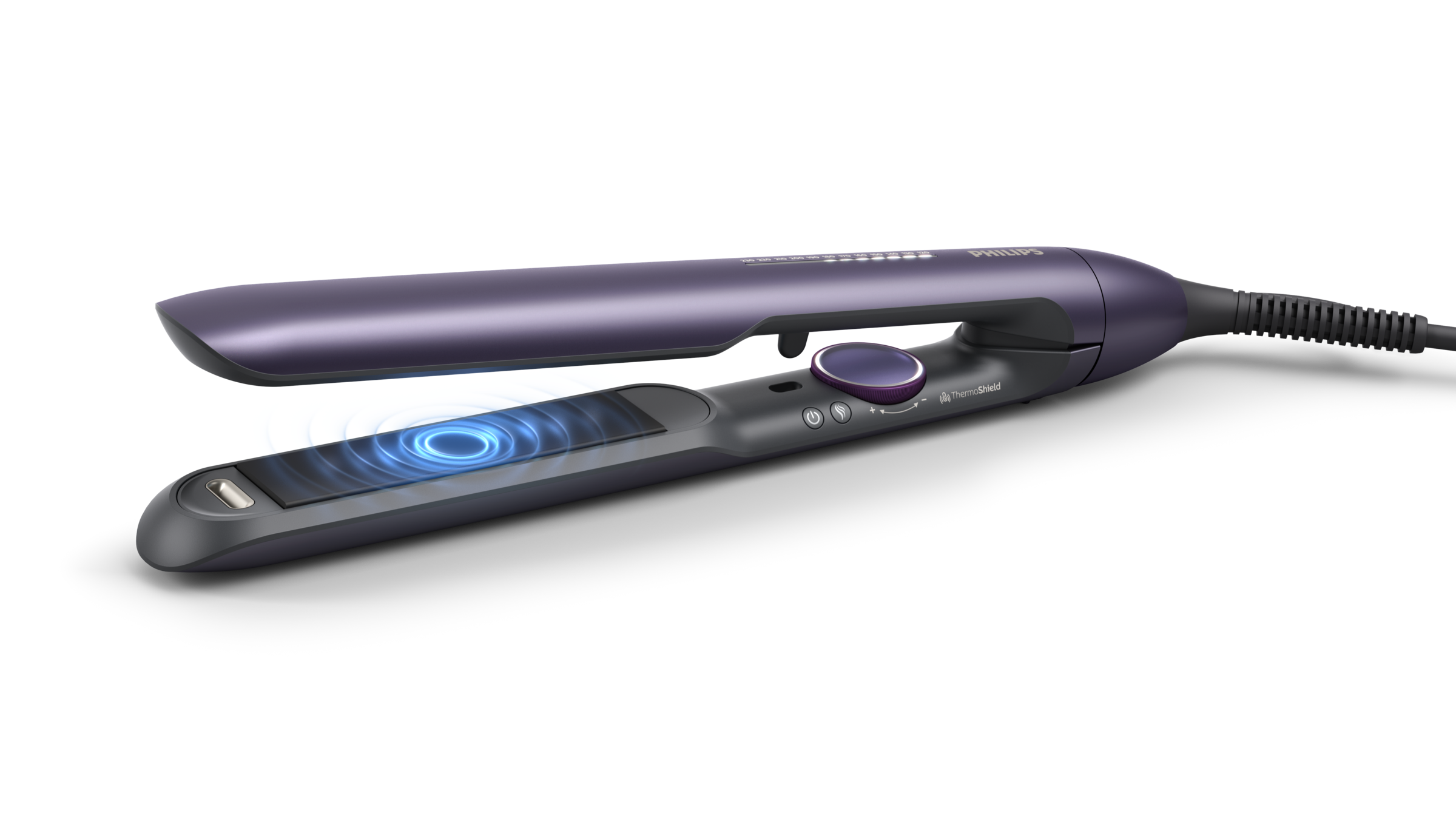 A dark purple hair straightener with blue light effect on black background.