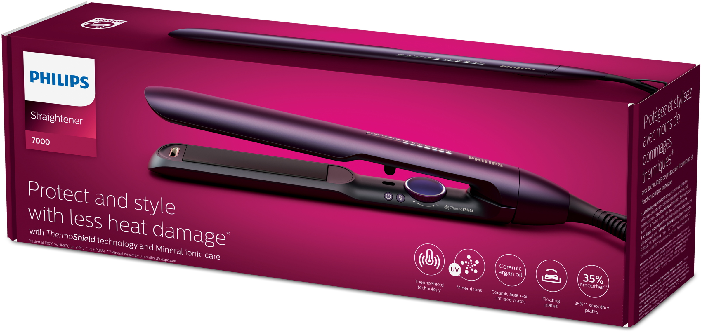 A purple Philips hair straightener in its box. Text reads Protect and style with less heat damage.