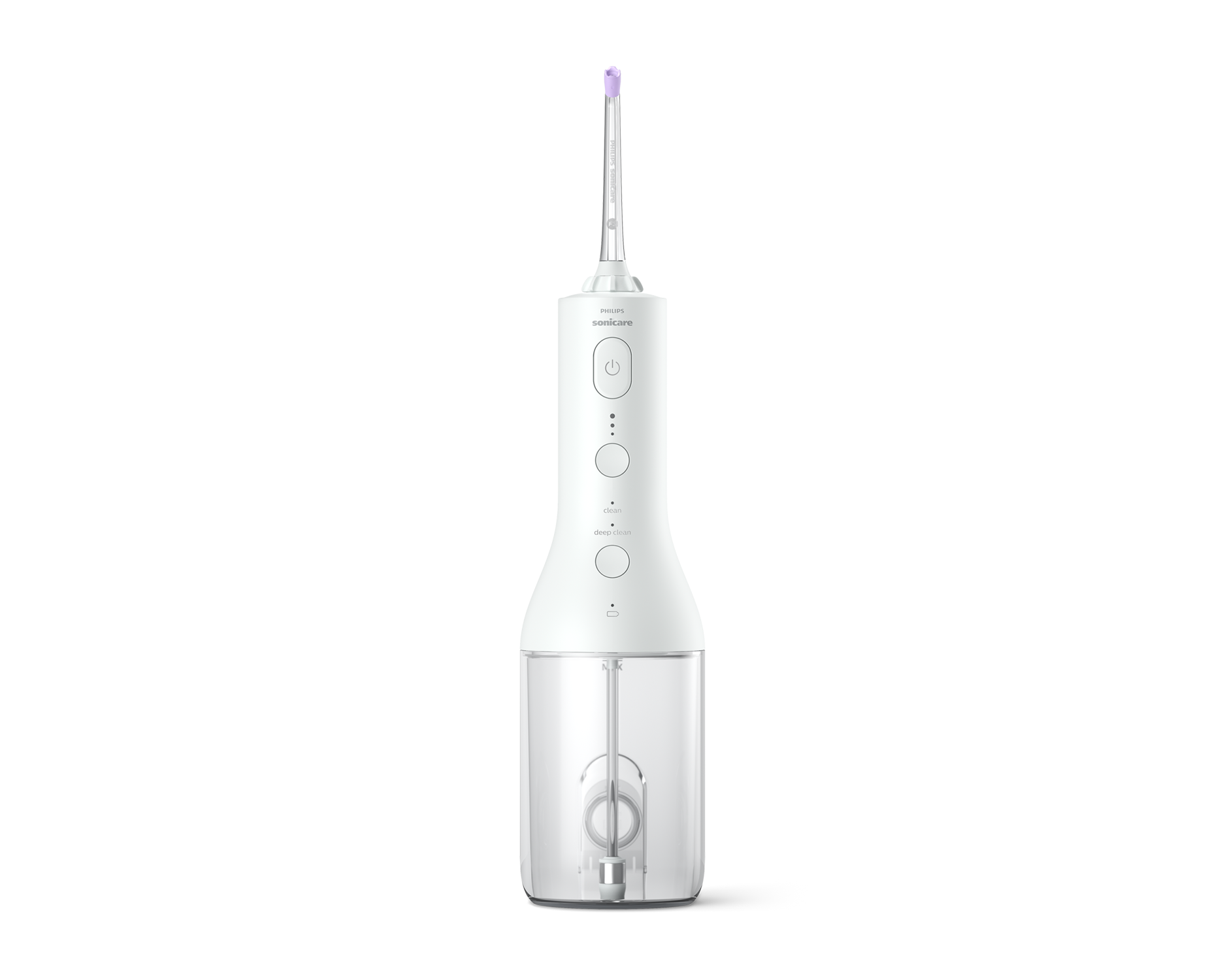 Witte waterflosser met drie knoppen en een doorzichtige watertank.