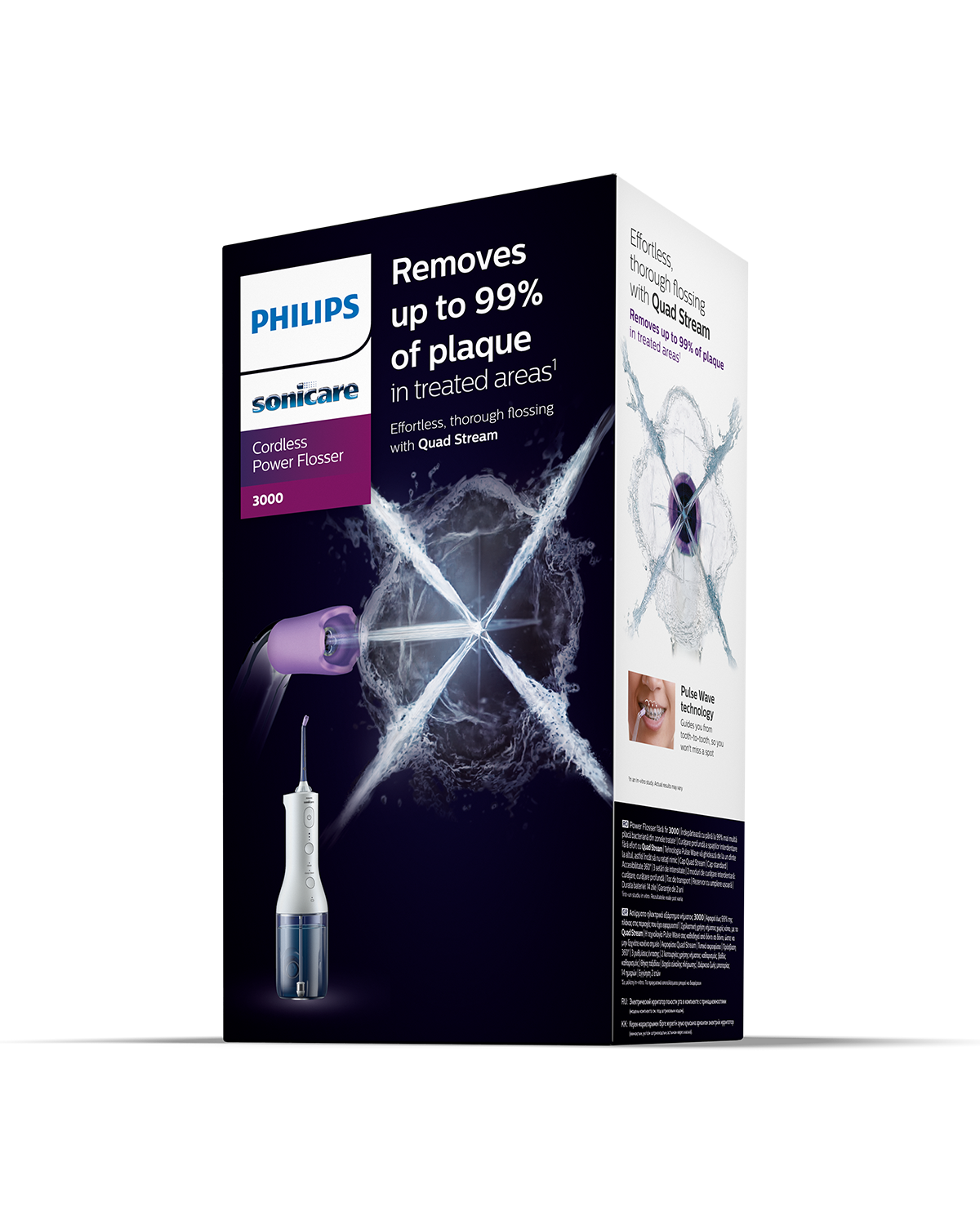 Doos voor Philips Sonicare Cordless Power Flosser. Toont het product en de functies.