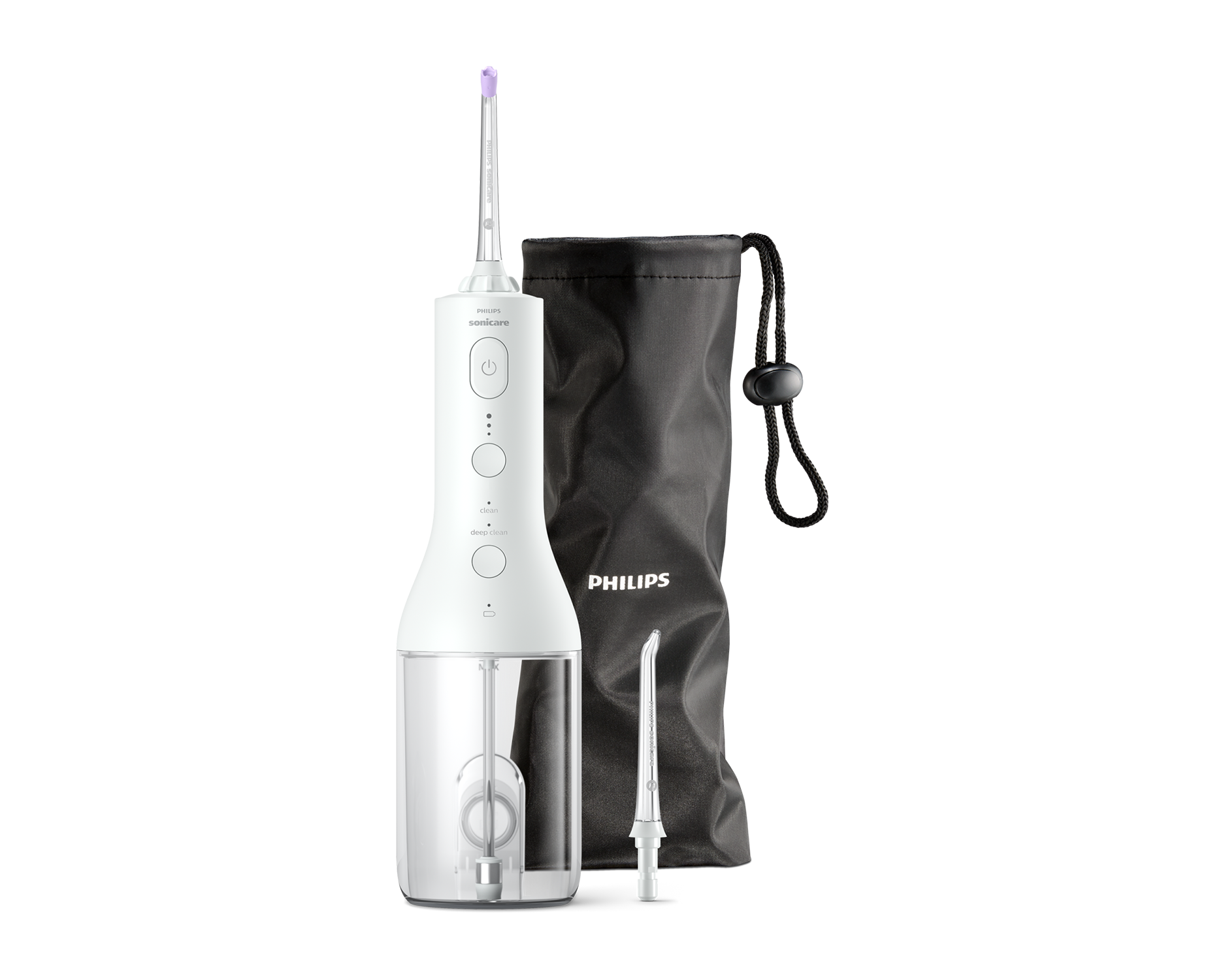 Witte Philips waterflosser met accessoires op een zwarte achtergrond, inclusief een zwarte reistas.