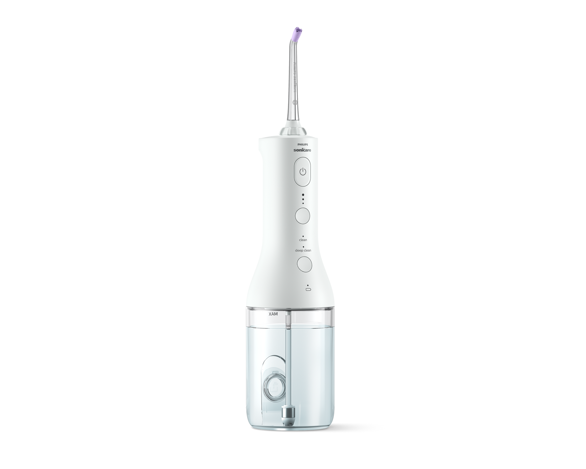 Witte Philips Sonicare waterflosser met een doorzichtige watertank.