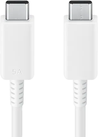 Két fehér USB-C kábel egymás mellett. Mindegyikhez tartozik egy USB-C csatlakozó és egy fehér kábel.