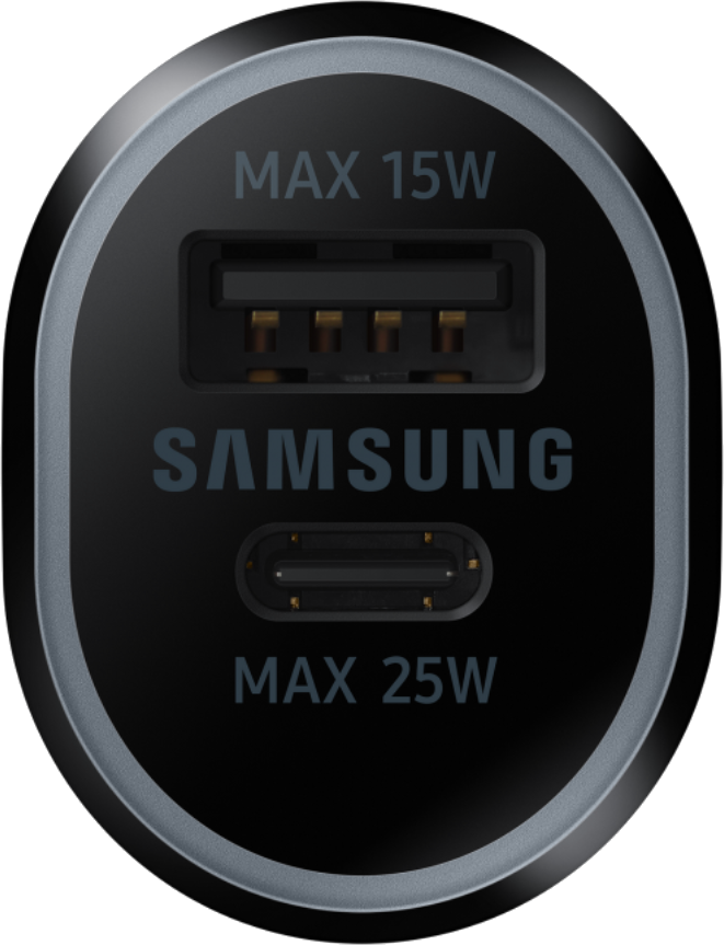 Fekete Samsung autós töltő USB és USB-C portokkal. Max 15W és 25W feliratok.