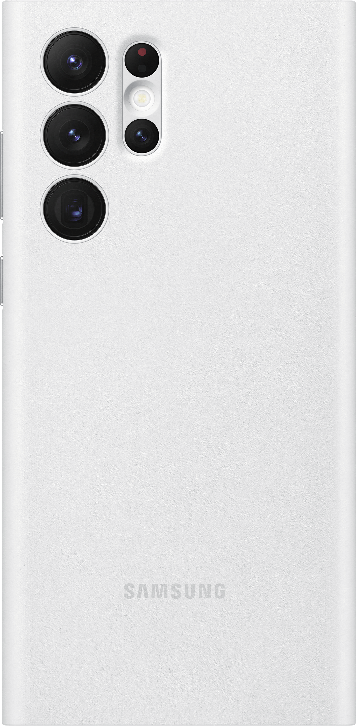 Achterkant van een witte Samsung telefoon met drie camera's en een flitser. Het Samsung logo is zichtbaar.