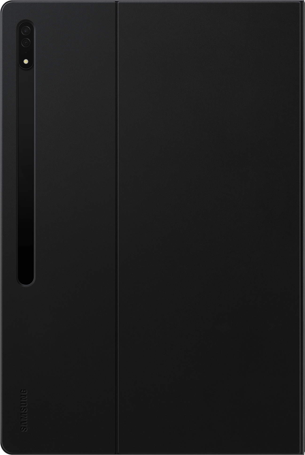 Black Samsung tablet case, open to reveal the inside.