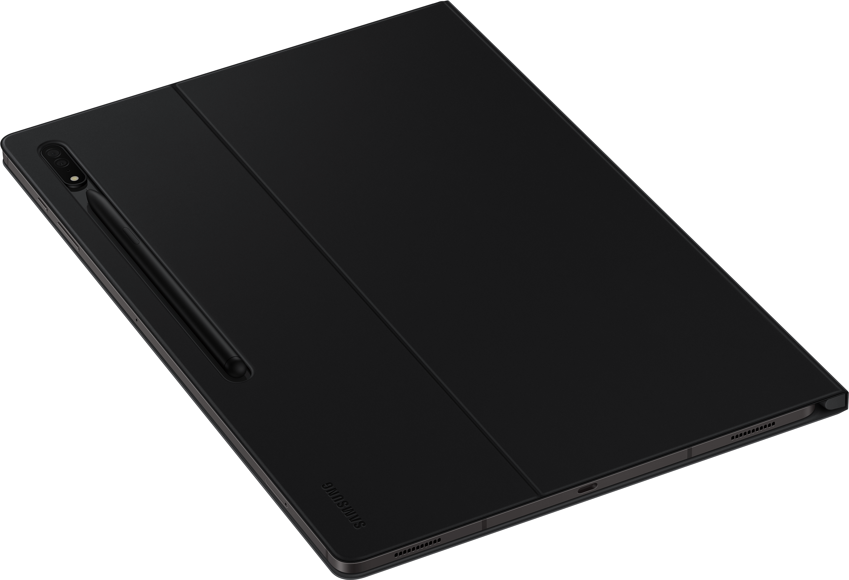Black tablet with a cover and an S Pen attached.