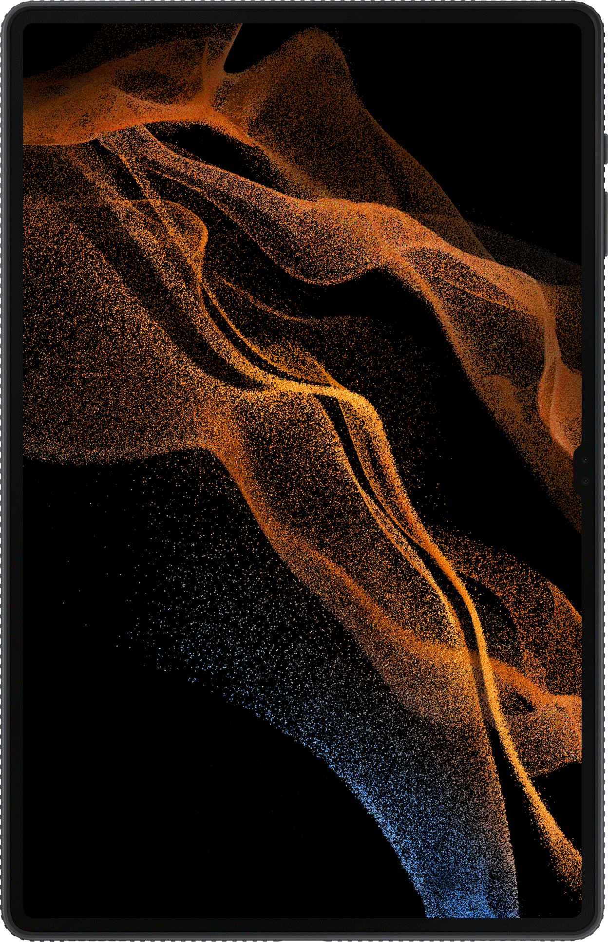 A tablet with a black frame showing an abstract, orange and blue design on the screen.