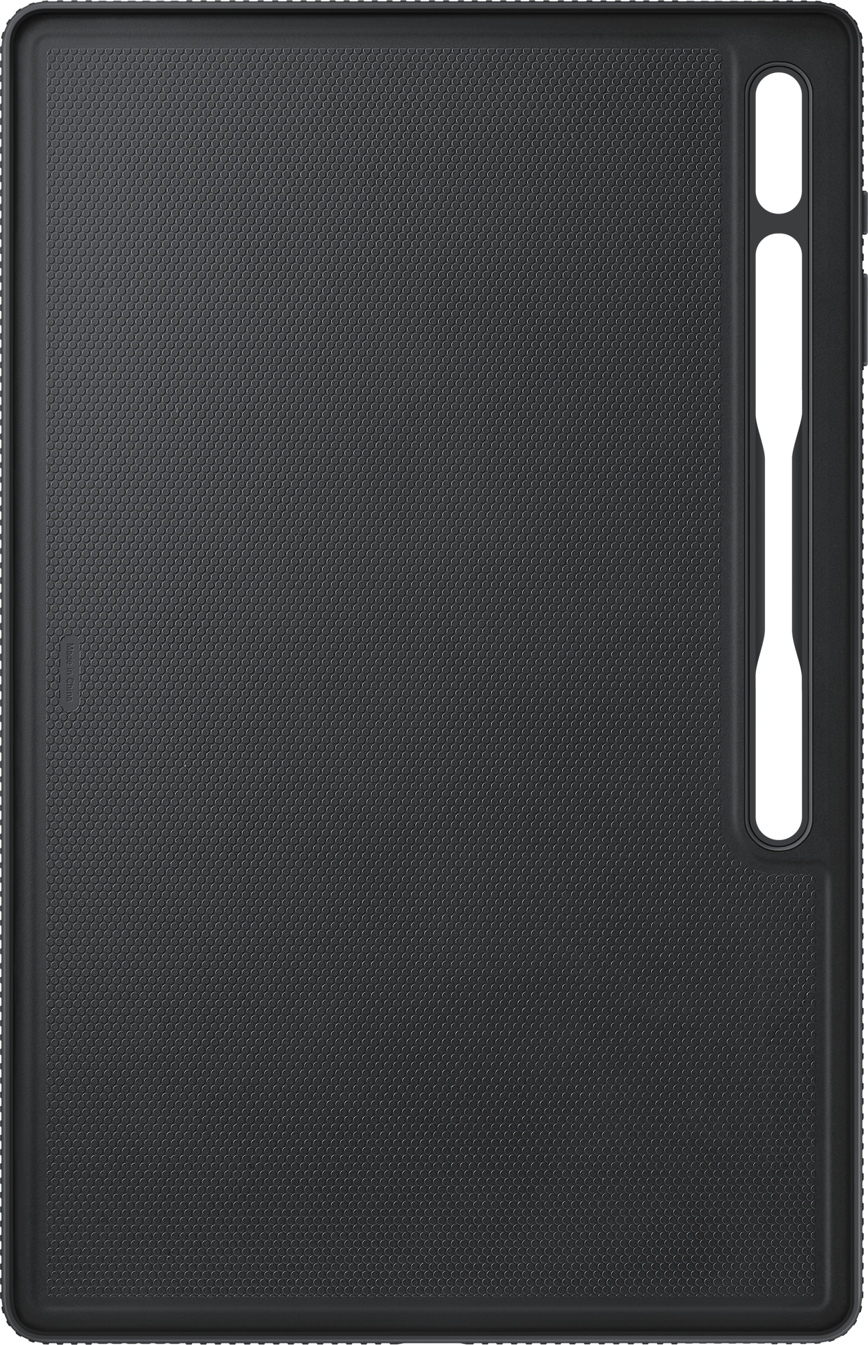 Black tablet case with a textured surface and a pen holder. The case is closed.