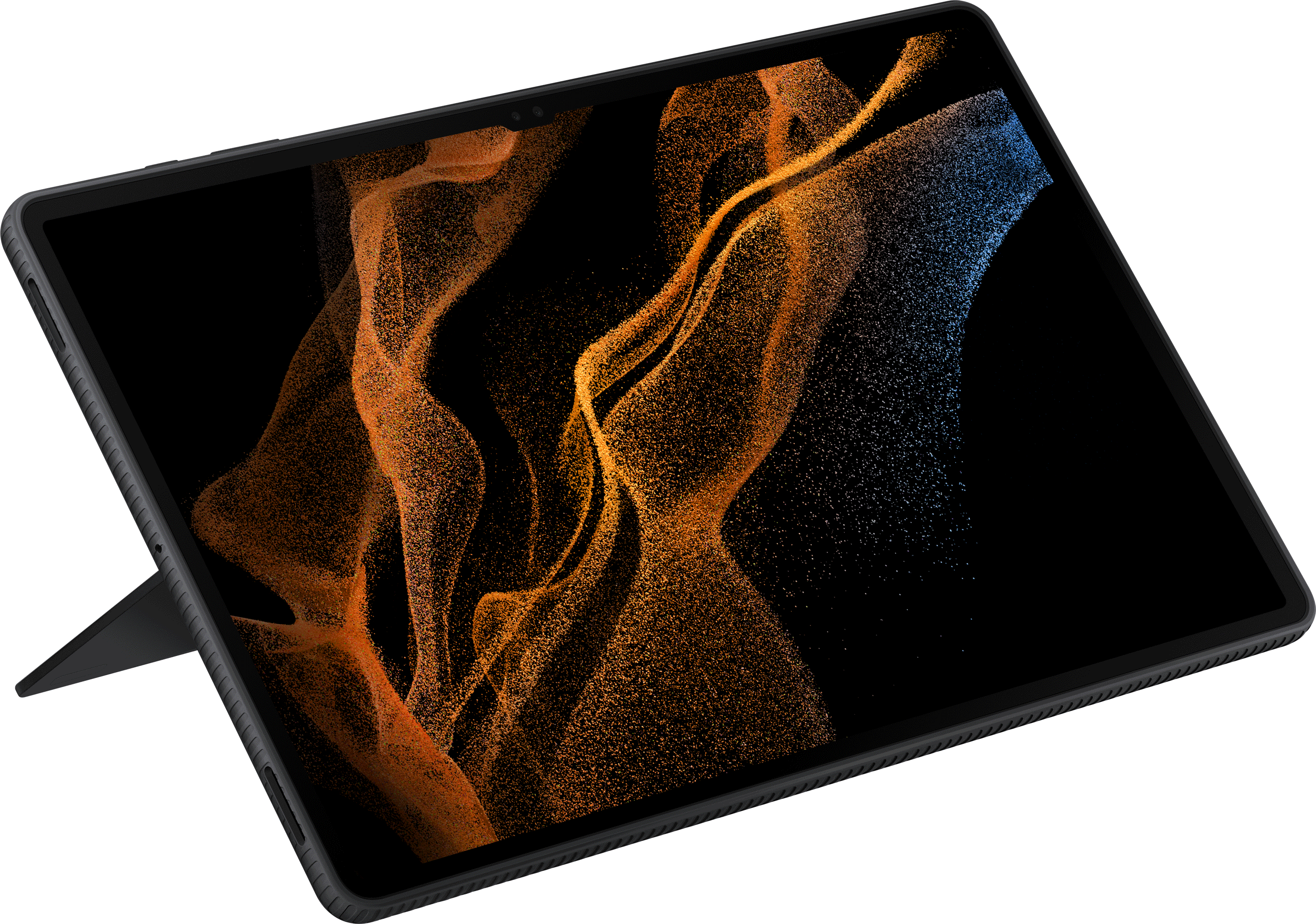 Tablet with a black case and a screen displaying an abstract orange and blue design.