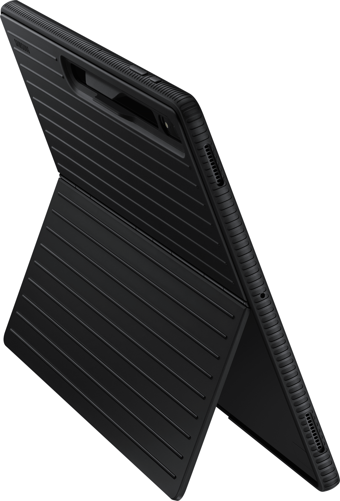 Black tablet cover with a stand, showing the side with a black background.