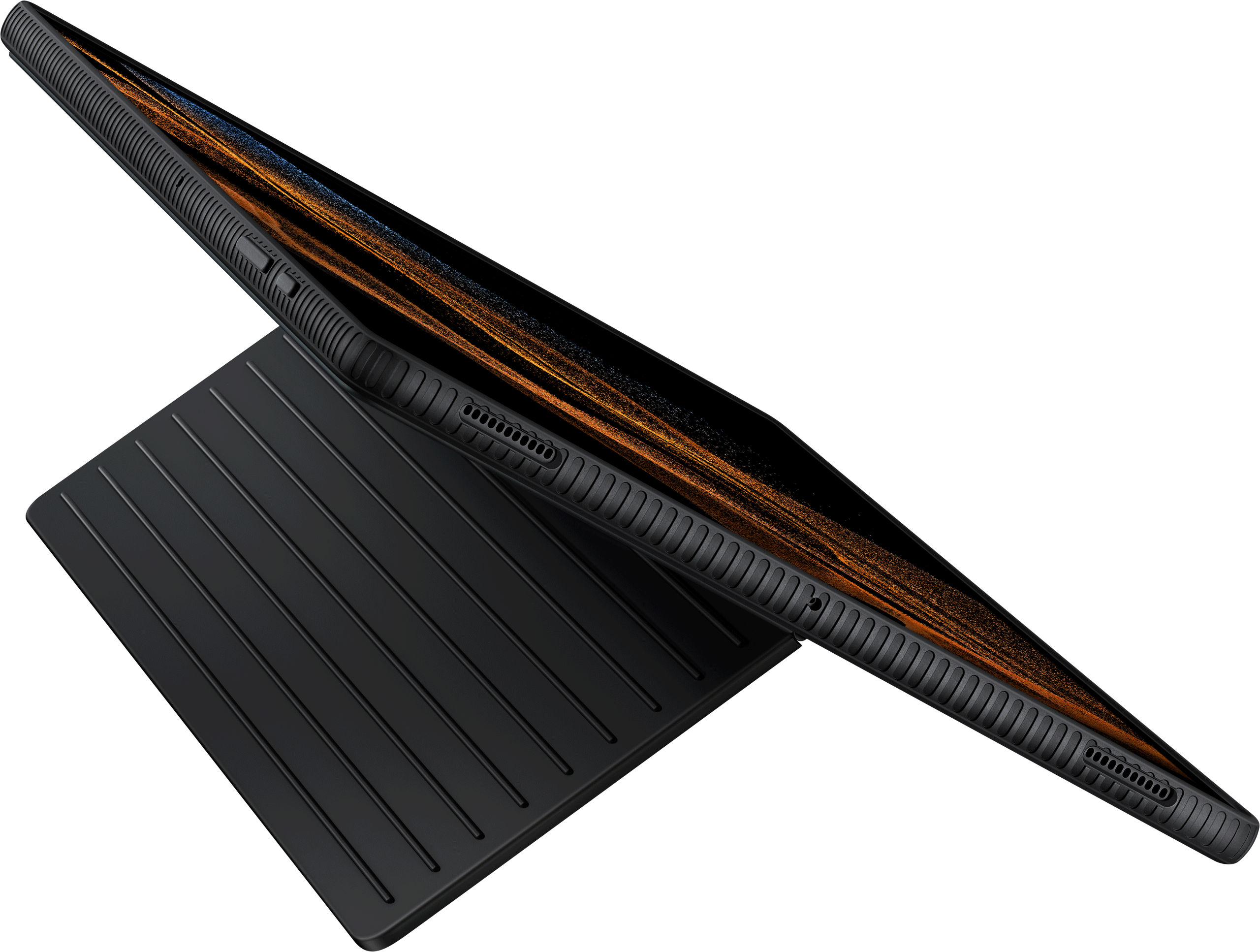 A black tablet with a cover. The cover is set up to stand the tablet upright.