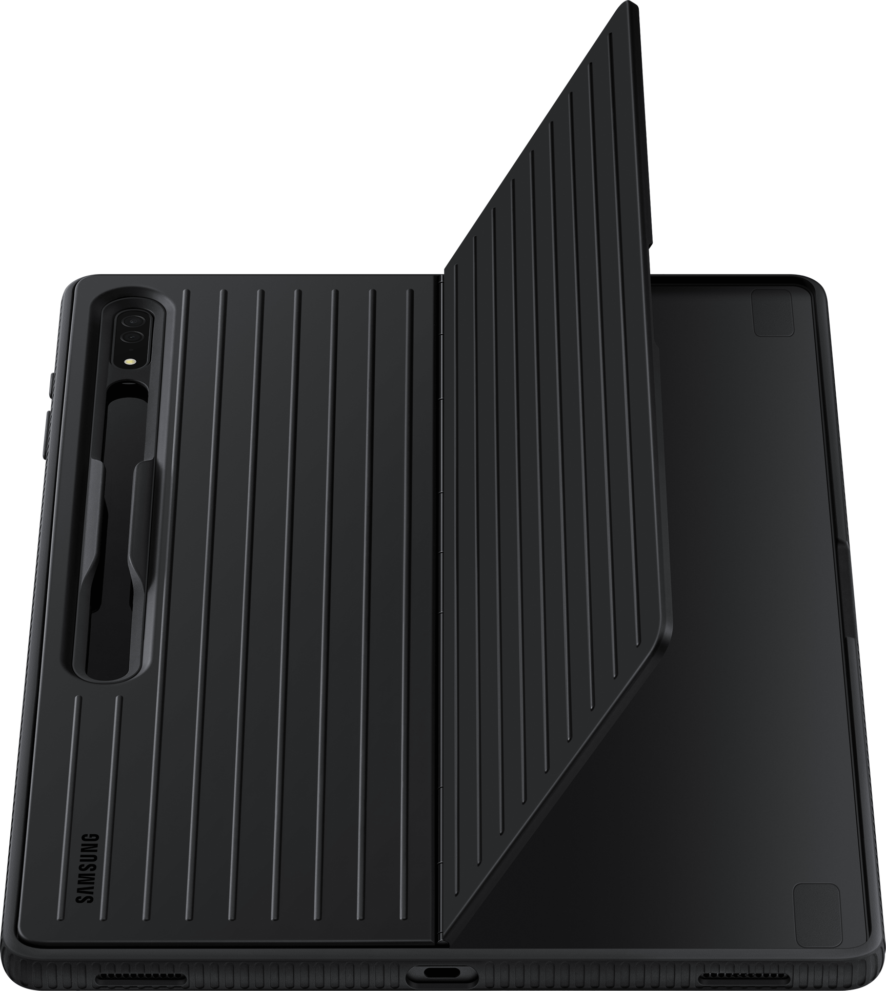 Black tablet case with a stylus holder and open cover.
