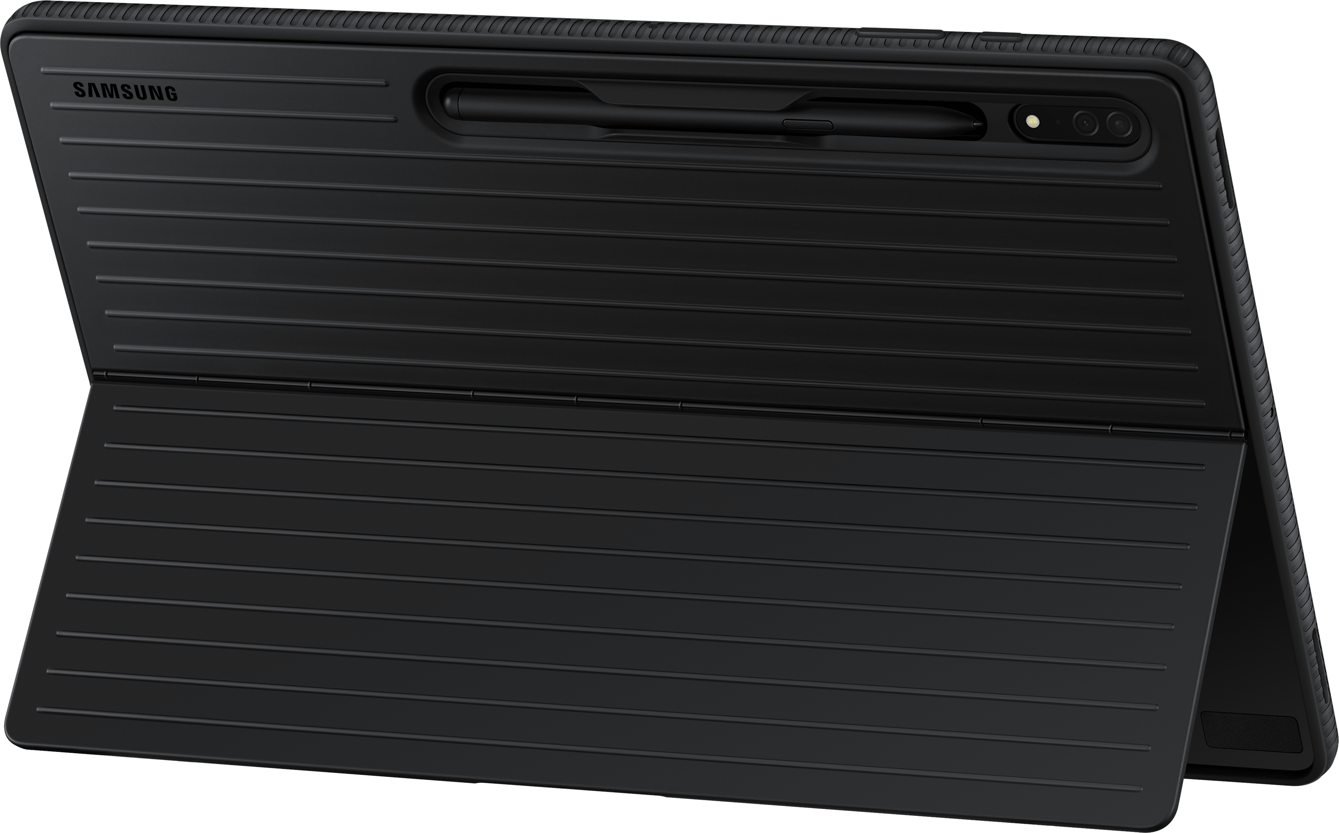 A black tablet case with a stylus and a camera cutout, showing a textured design.