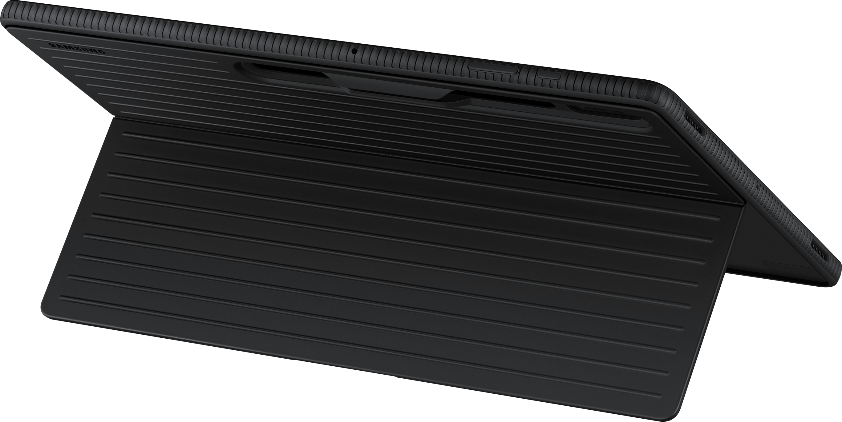 A black Samsung tablet with a black cover propped open. The cover has ridges.