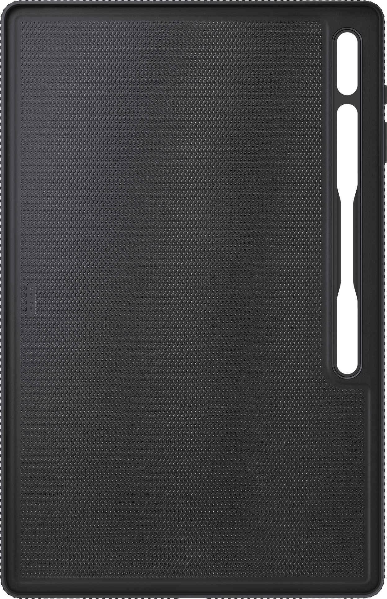 Étui de tablette noir avec une texture en nid d'abeille et un porte-stylo. L'étui est fermé. Le logo Samsung est visible.